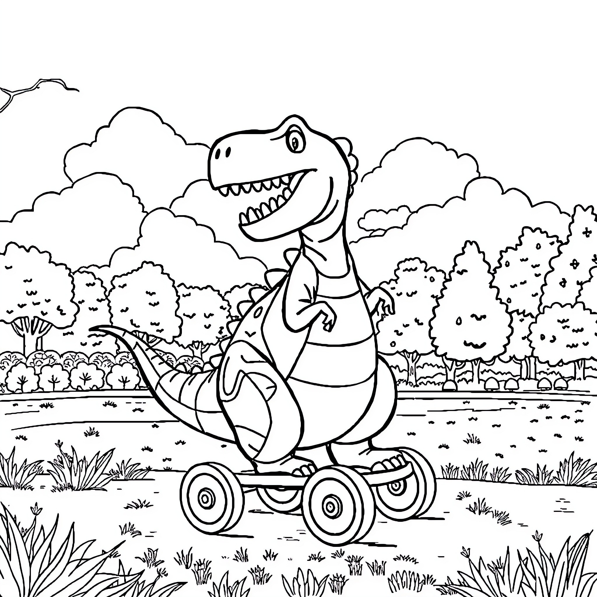 Dinosaur riding a roller skate in a forest Coloring Page (free black-and-white line drawing printable PDF for all, from beginners to advanced learners, including children, teens, adults, and seniors)