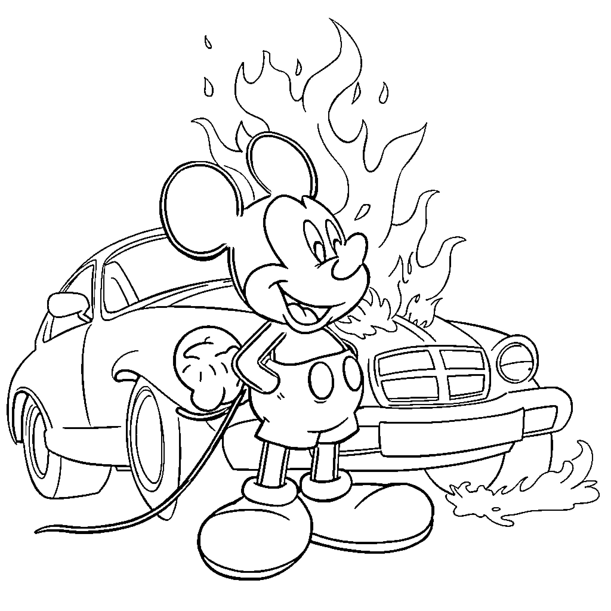Mickey's Hot Rod Adventure Coloring Page (free black-and-white line drawing printable PDF for all, from beginners to advanced learners, including children, teens, adults, and seniors)