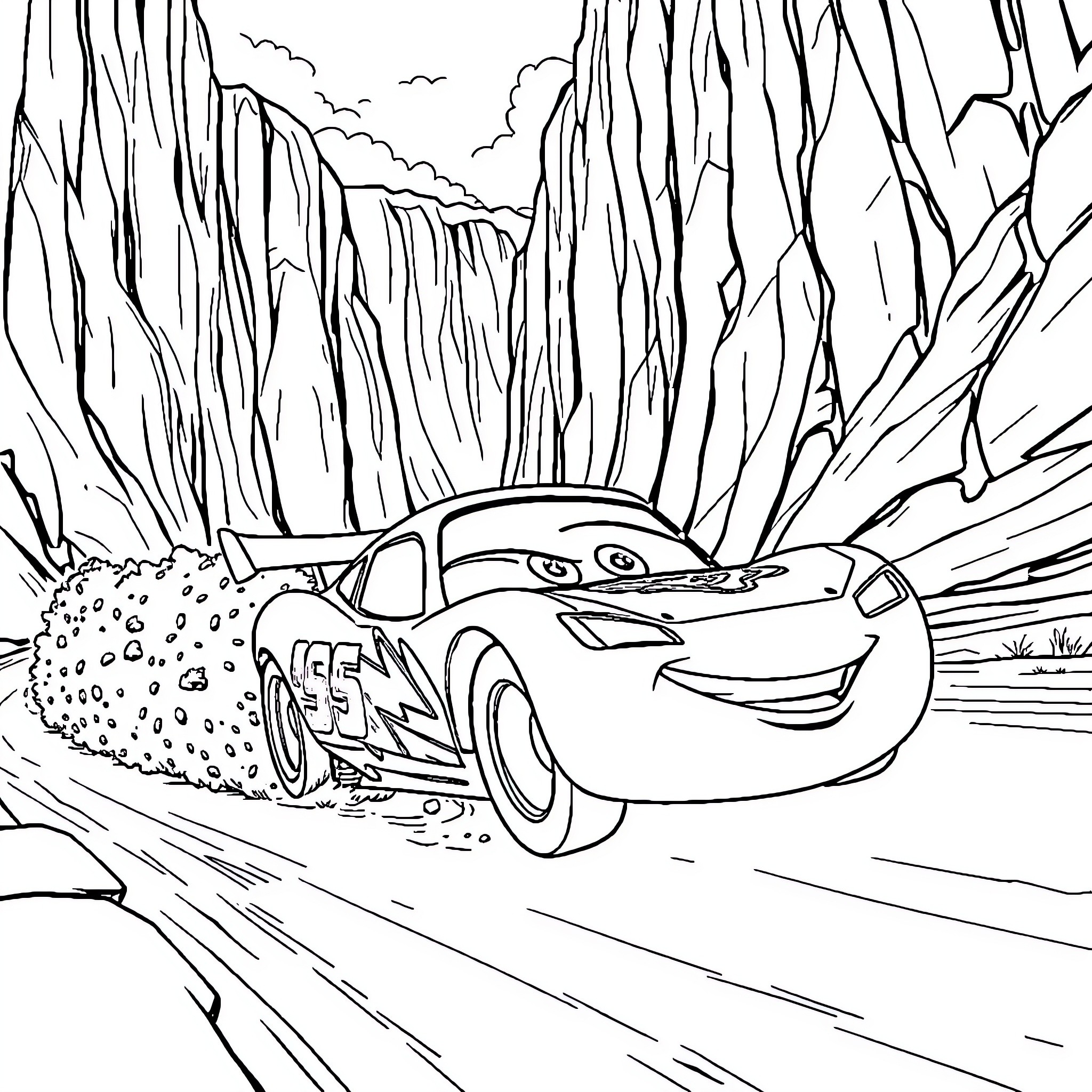 Rayo McQueen racing through the canyon Coloring Page (free black-and-white line drawing printable PDF for all, from beginners to advanced learners, including children, teens, adults, and seniors)