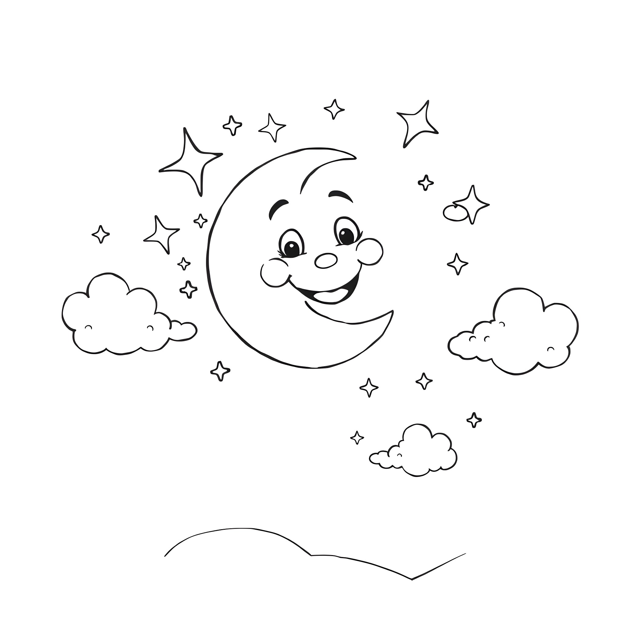Moon and stars playing in the night sky Coloring Page (free black-and-white line drawing printable PDF for all, from beginners to advanced learners, including children, teens, adults, and seniors)