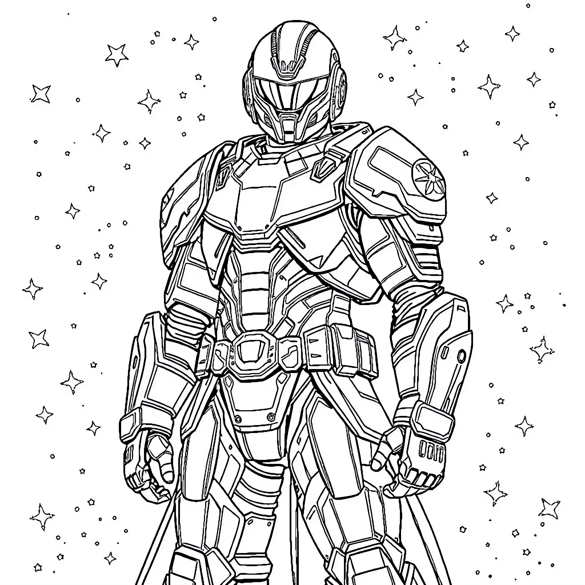 Hero in Space Armor Floating Among the Stars Coloring Page (free black-and-white line drawing printable PDF for all, from beginners to advanced learners, including children, teens, adults, and seniors)
