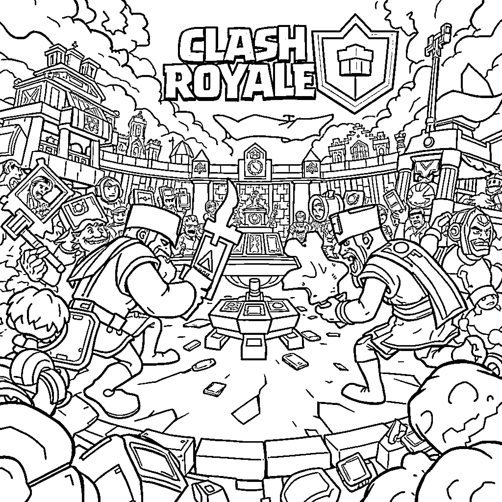 Clash Royale characters engage in intense battle Coloring Page (free black-and-white line drawing printable PDF for all, from beginners to advanced learners, including children, teens, adults, and seniors)