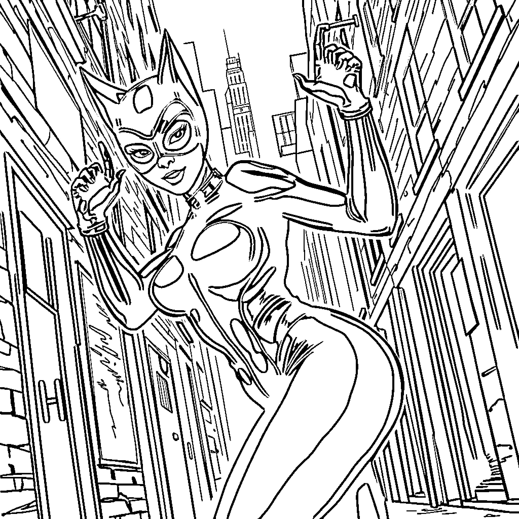 Catwoman in action-packed urban scene Coloring Page (free black-and-white line drawing printable PDF for all, from beginners to advanced learners, including children, teens, adults, and seniors)