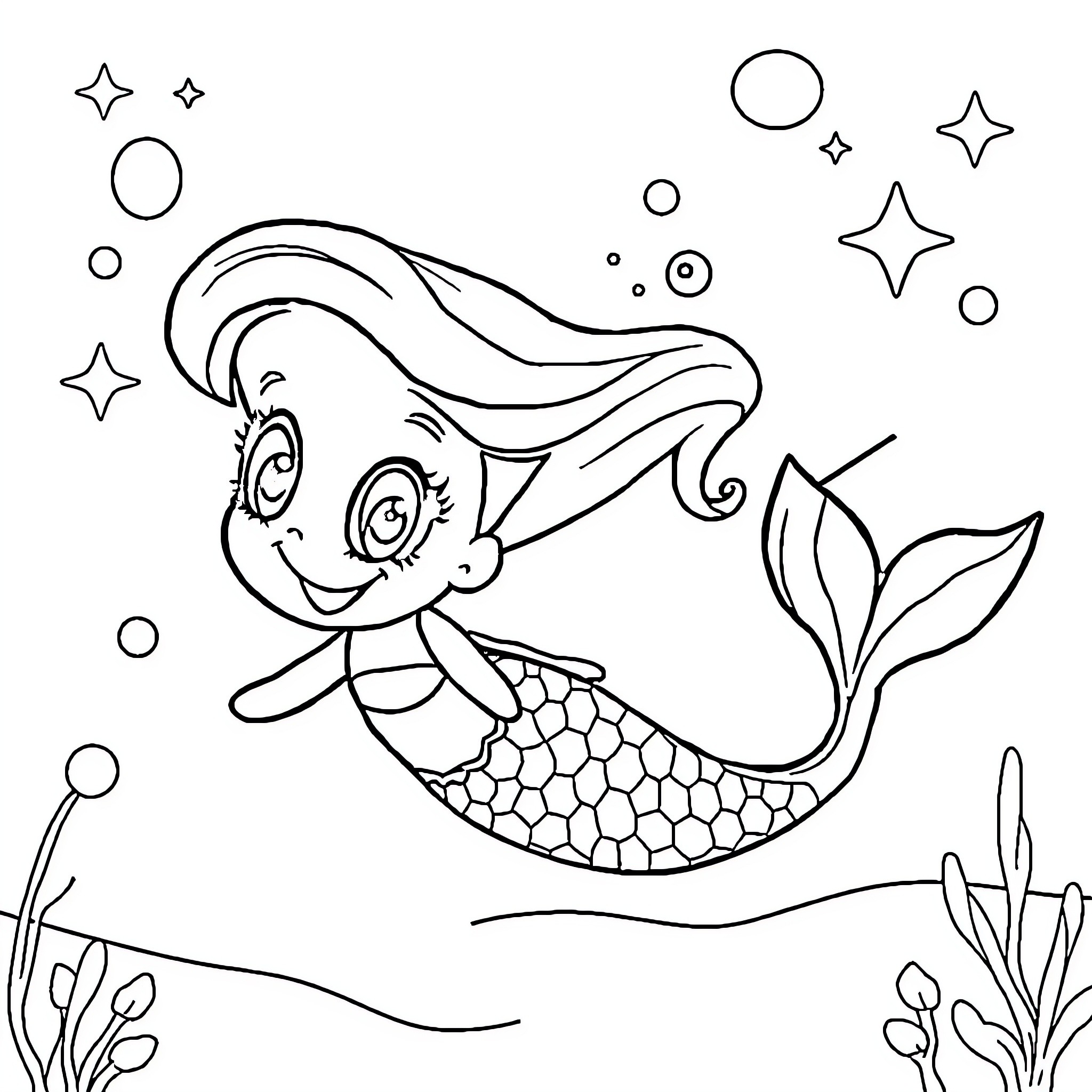 Mermaid swimming happily in the underwater world Coloring Page (free black-and-white line drawing printable PDF for all, from beginners to advanced learners, including children, teens, adults, and seniors)