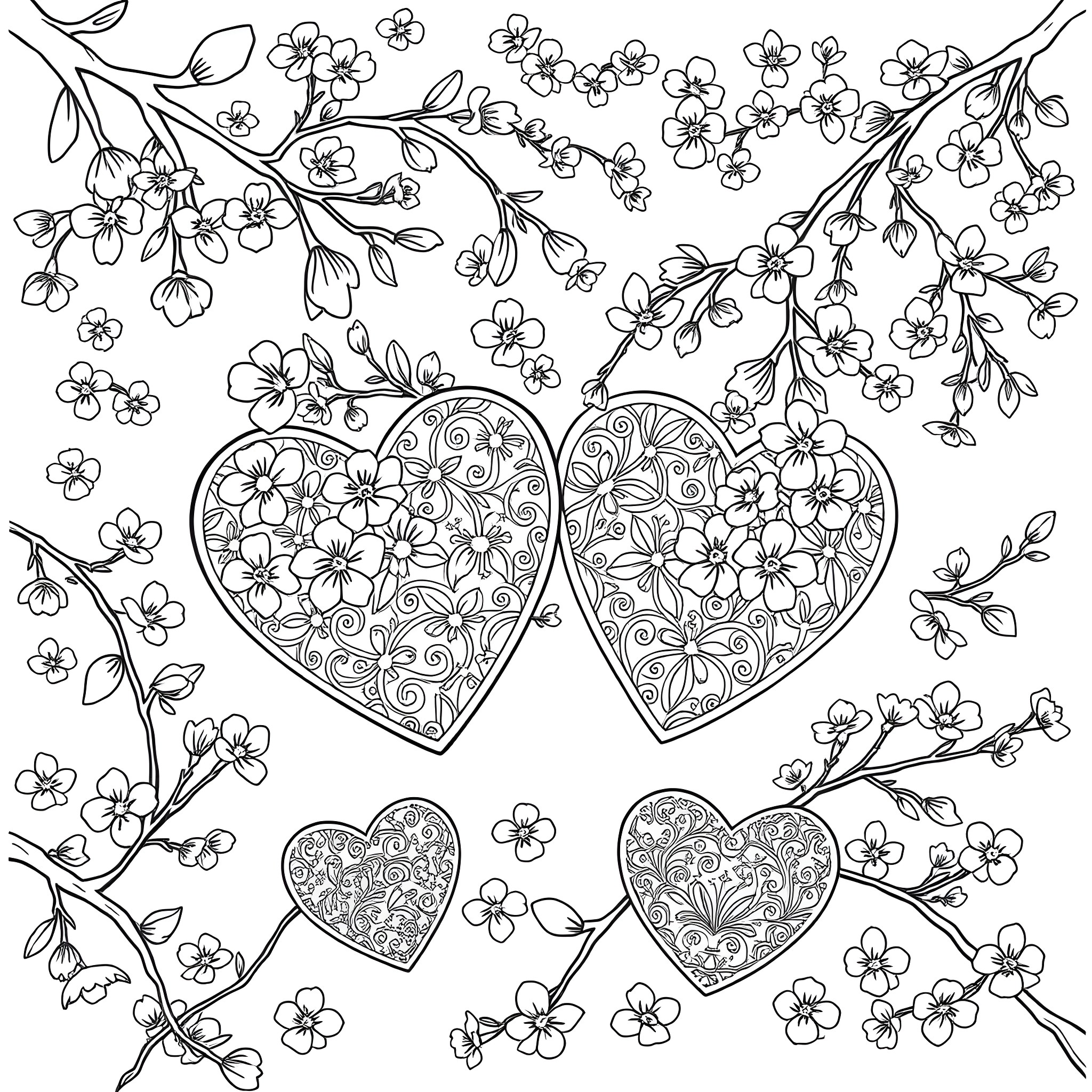 Heart-shaped Decorations Amidst Flower Blossoms Coloring Page (free black-and-white line drawing printable PDF for all, from beginners to advanced learners, including children, teens, adults, and seniors)