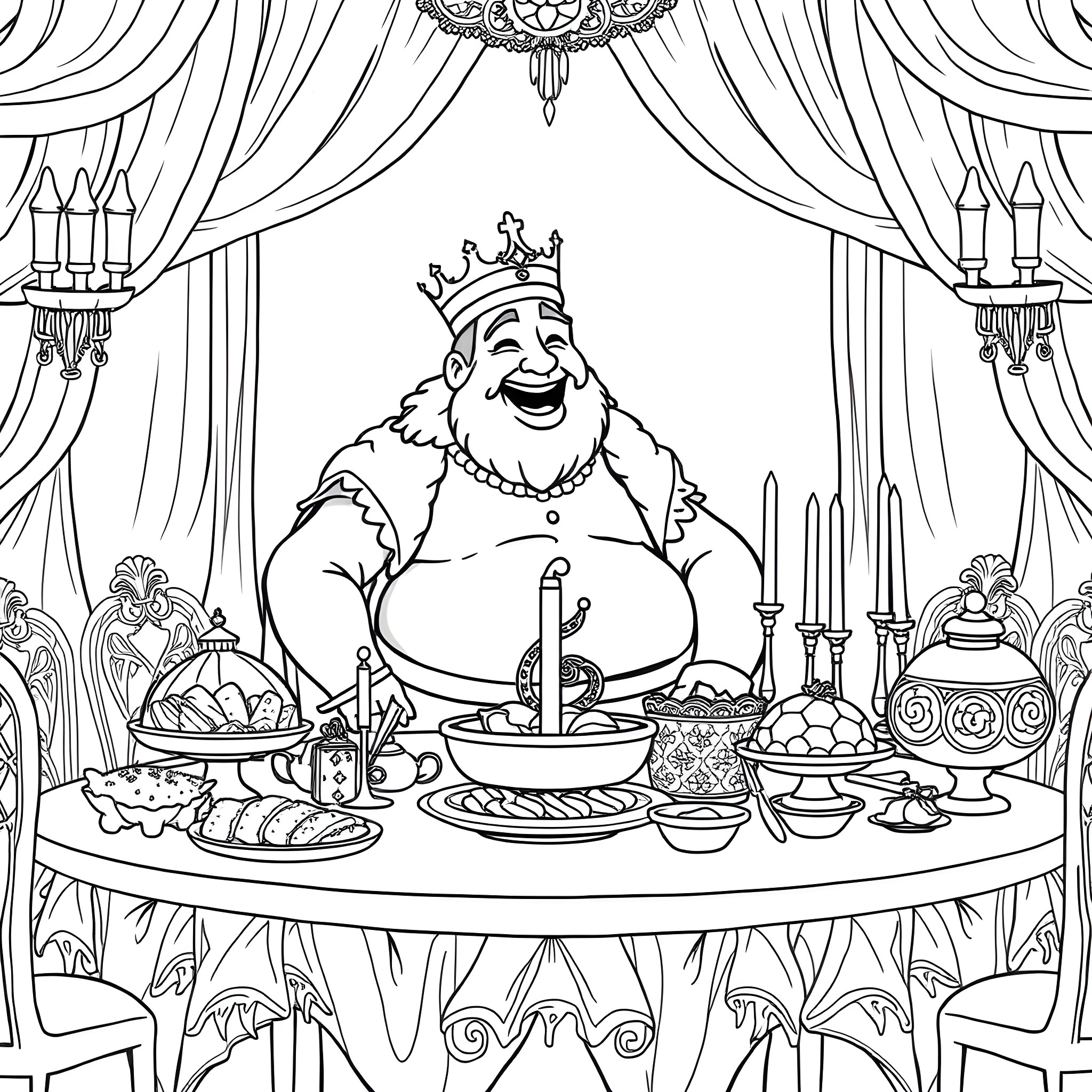 King Enjoying a Lavish Feast in His Throne Room Coloring Page (free black-and-white line drawing printable PDF for all, from beginners to advanced learners, including children, teens, adults, and seniors)