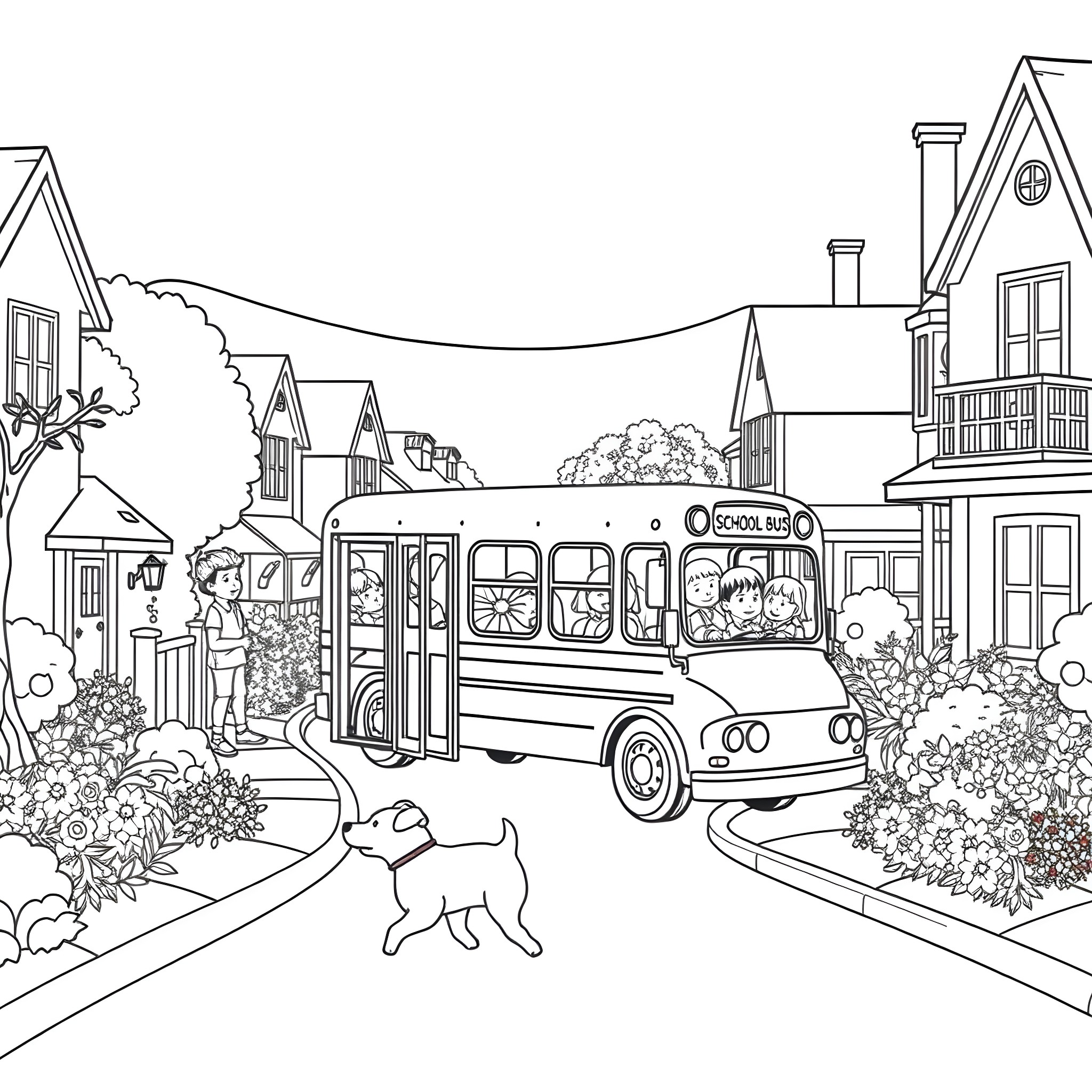 School Bus Picks Up Students in Suburban Neighborhood Coloring Page (free black-and-white line drawing printable PDF for all, from beginners to advanced learners, including children, teens, adults, and seniors)