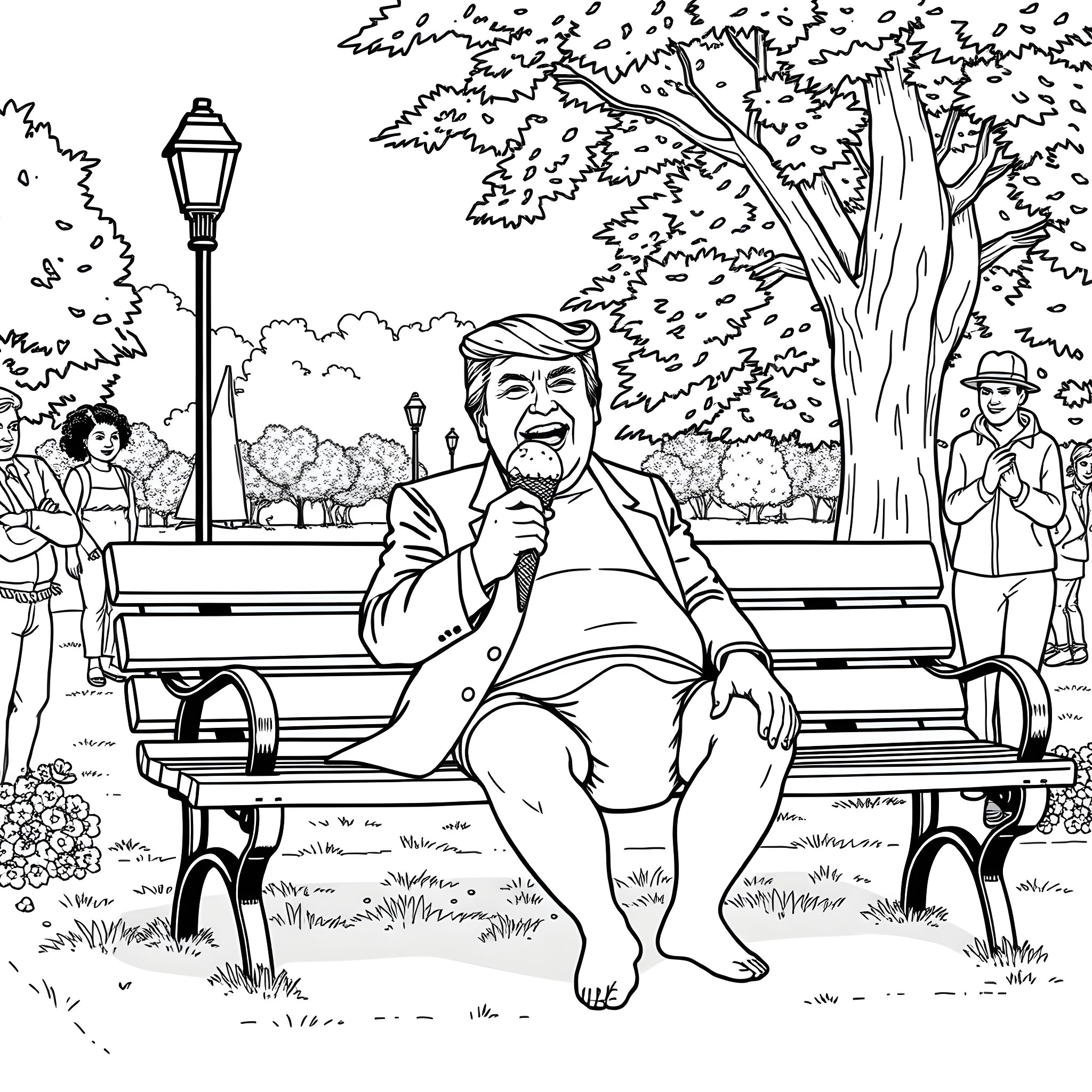 Donald Trump laughing loudly on a park bench Coloring Page (free black-and-white line drawing printable PDF for all, from beginners to advanced learners, including children, teens, adults, and seniors)