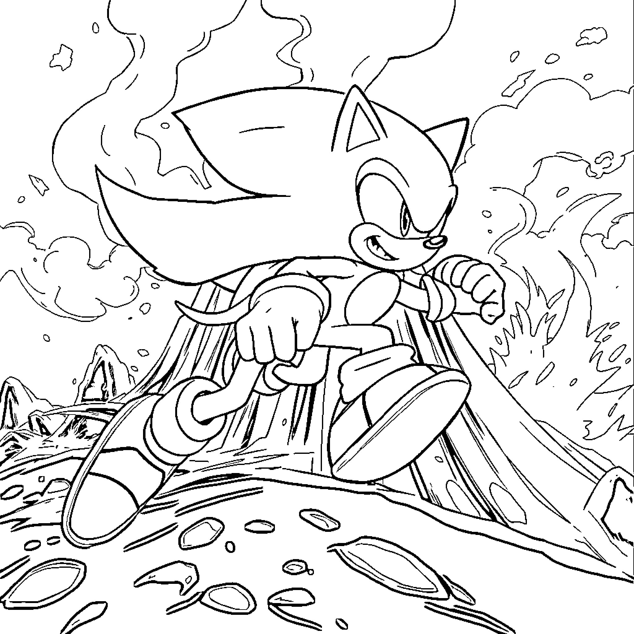 Sonic speeding through the rugged terrain Coloring Page (free black-and-white line drawing printable PDF for all, from beginners to advanced learners, including children, teens, adults, and seniors)