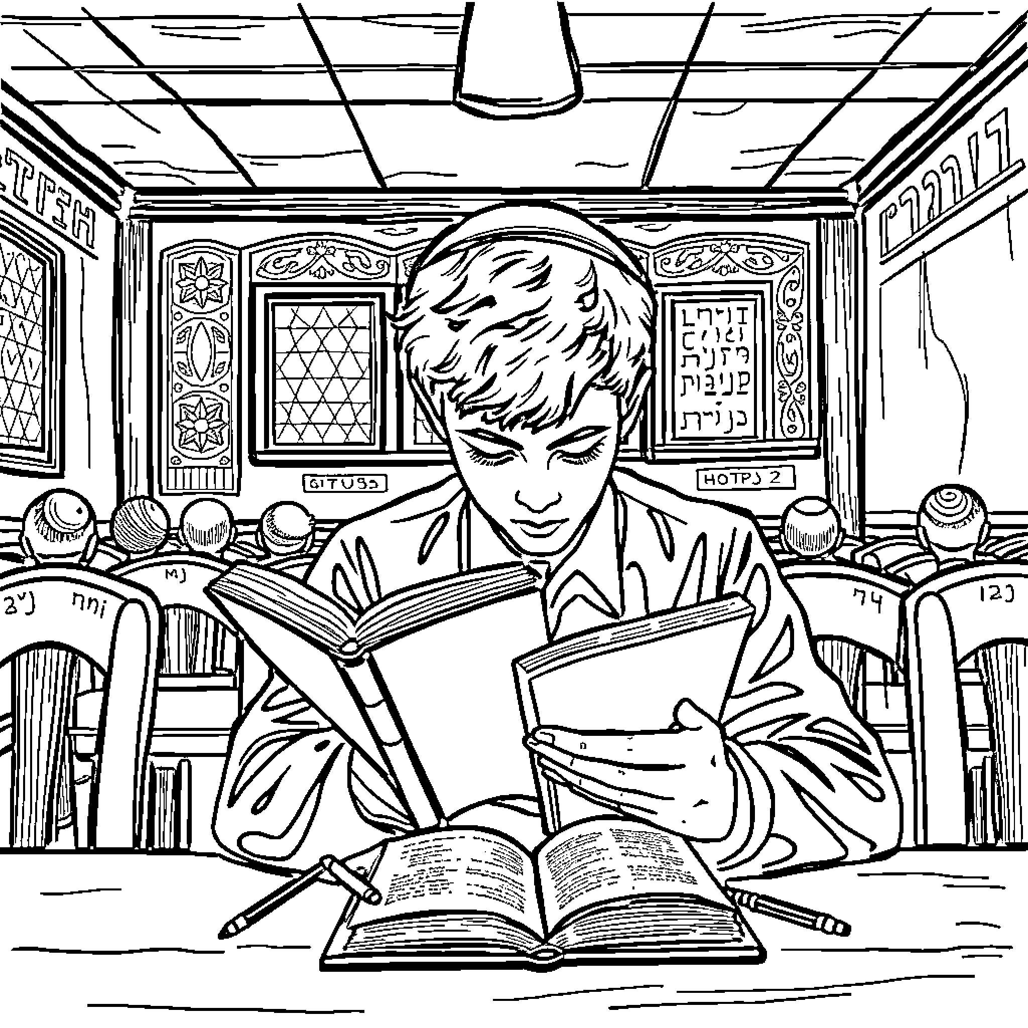 Bachur Studying Diligently in Synagogue Coloring Page (free black-and-white line drawing printable PDF for all, from beginners to advanced learners, including children, teens, adults, and seniors)