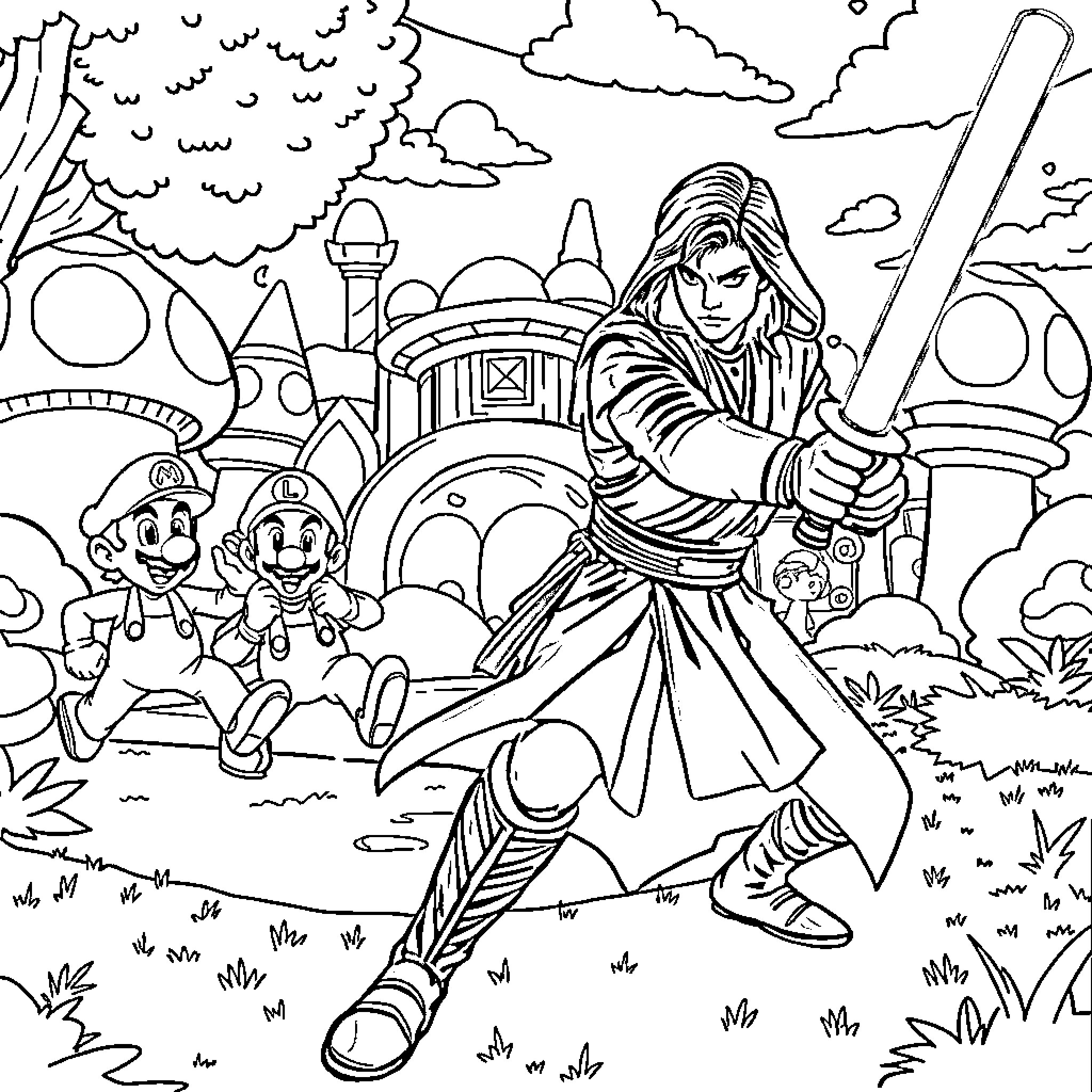 Anakin Skywalker Battles with Sword in Fantastical Landscape Coloring Page (free black-and-white line drawing printable PDF for all, from beginners to advanced learners, including children, teens, adults, and seniors)