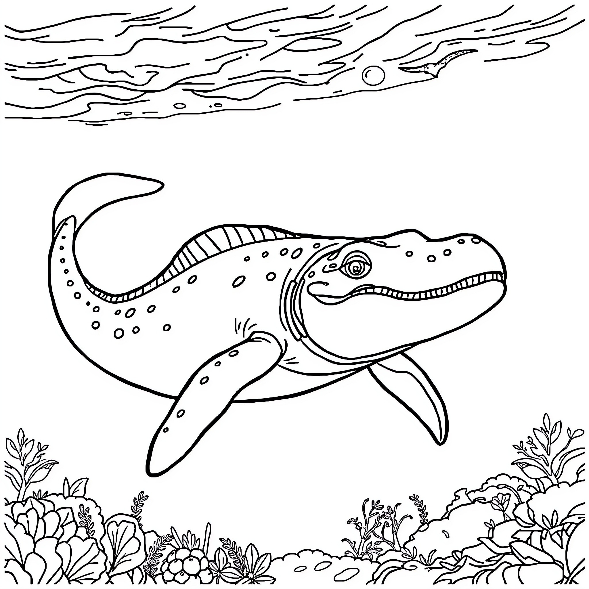 Mosasaur swimming gracefully among underwater plants Coloring Page (free black-and-white line drawing printable PDF for all, from beginners to advanced learners, including children, teens, adults, and seniors)