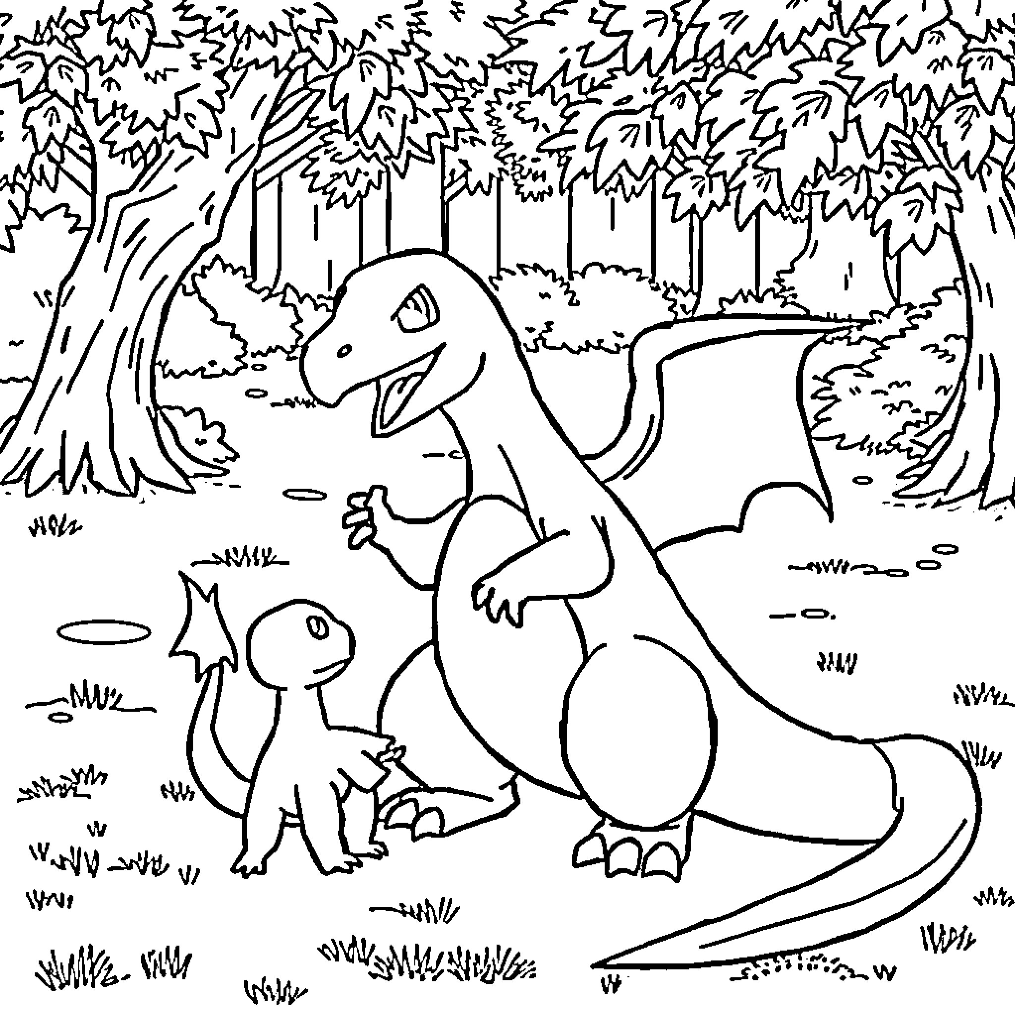 Charizard and Charmander in a forest setting Coloring Page (free black-and-white line drawing printable PDF for all, from beginners to advanced learners, including children, teens, adults, and seniors)