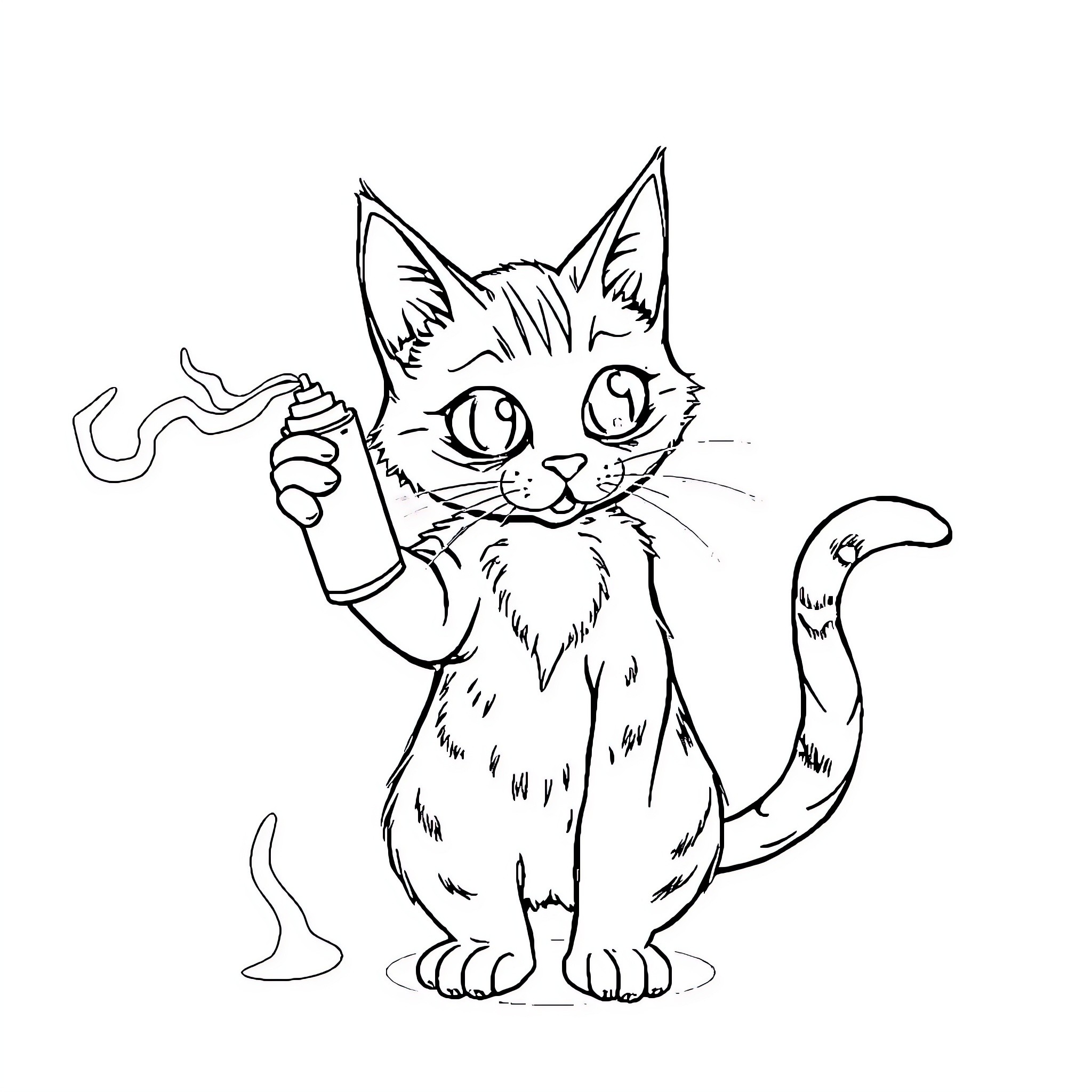 Ghost Cat Spraying with Mischievous Expression Coloring Page (free black-and-white line drawing printable PDF for all, from beginners to advanced learners, including children, teens, adults, and seniors)