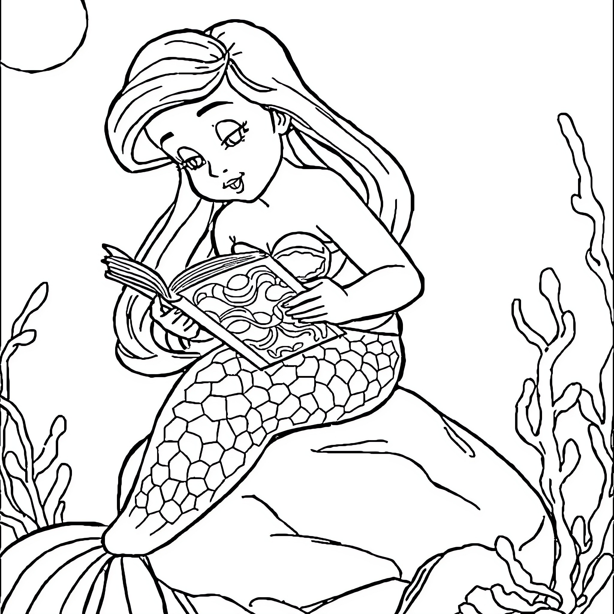 Mermaid reading a book underwater Coloring Page (free black-and-white line drawing printable PDF for all, from beginners to advanced learners, including children, teens, adults, and seniors)