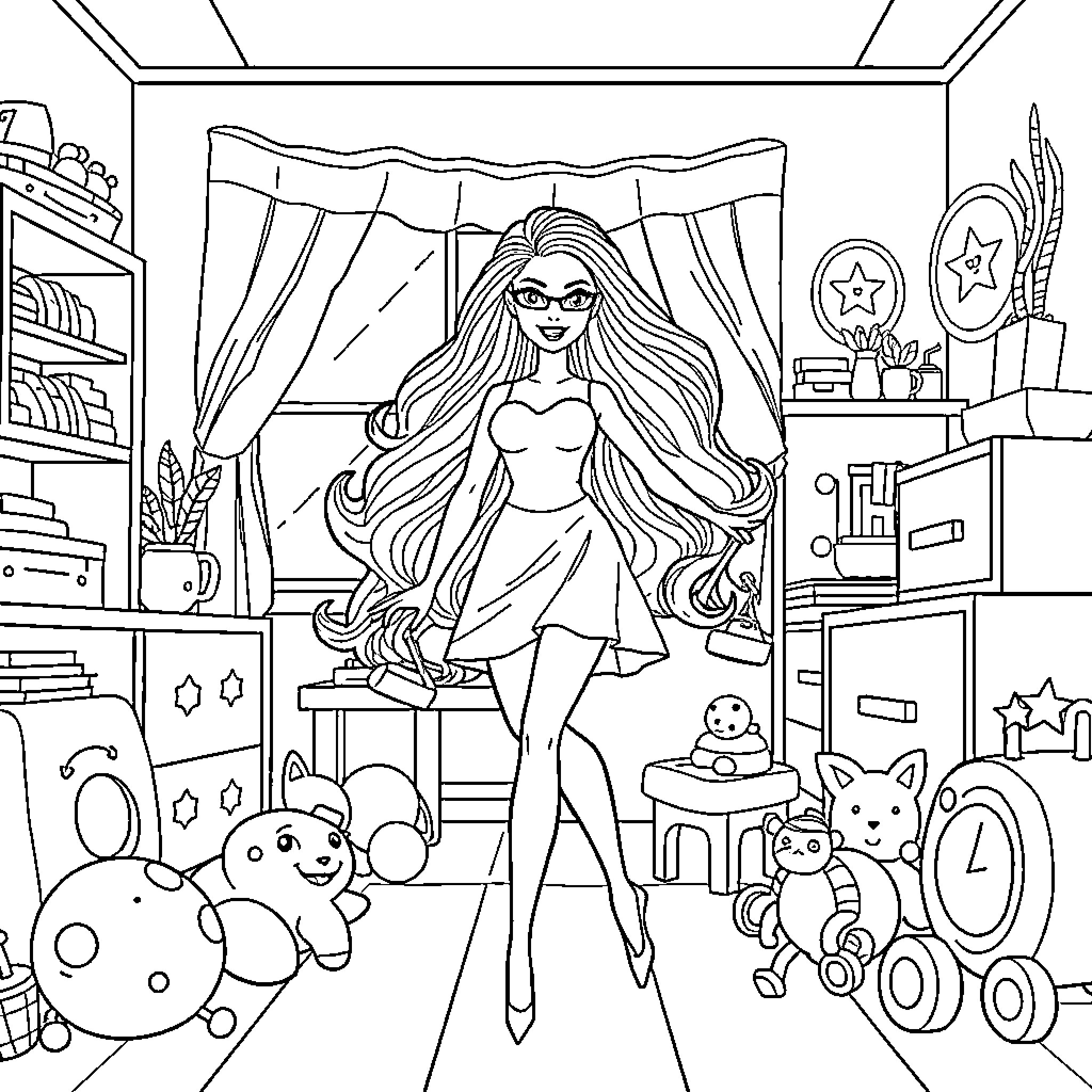 Barbie posing confidently in her stylish bedroom Coloring Page (free black-and-white line drawing printable PDF for all, from beginners to advanced learners, including children, teens, adults, and seniors)