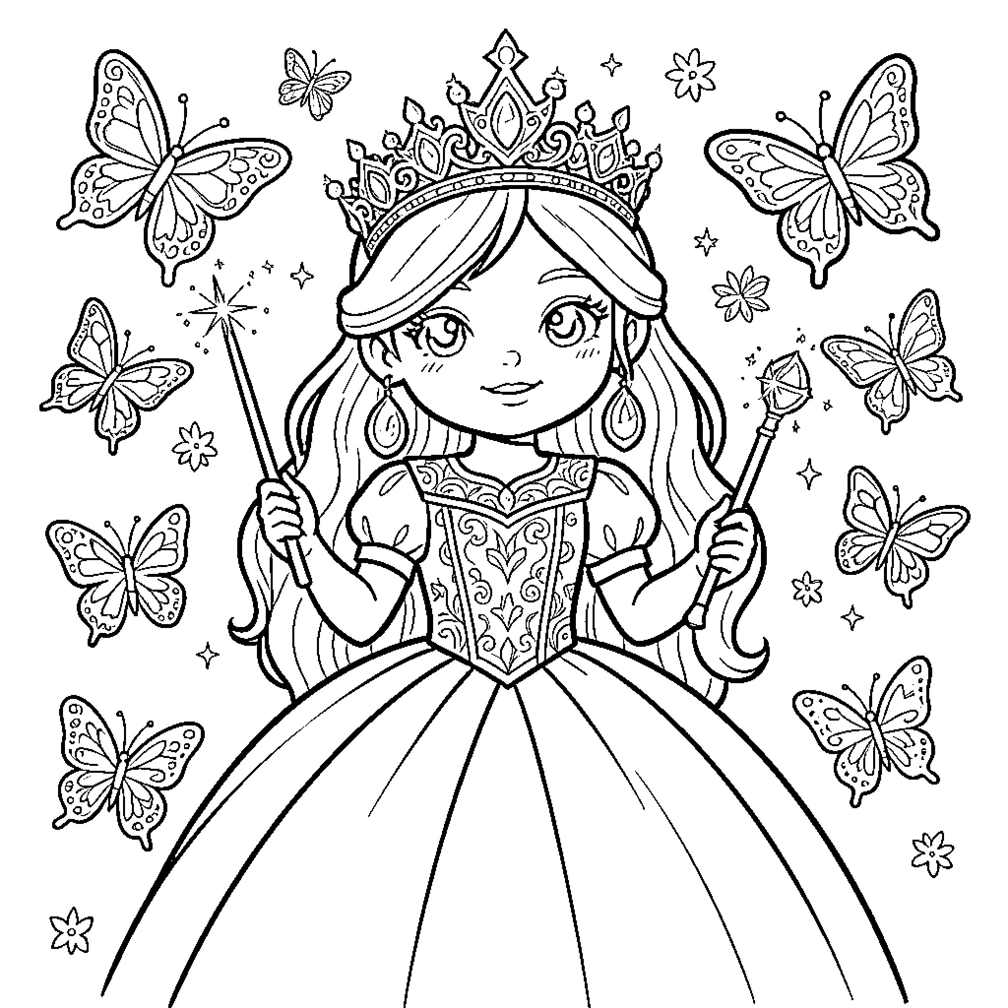 Princess Surrounded by Enchanted Butterflies and Flowers Coloring Page (free black-and-white line drawing printable PDF for all, from beginners to advanced learners, including children, teens, adults, and seniors)