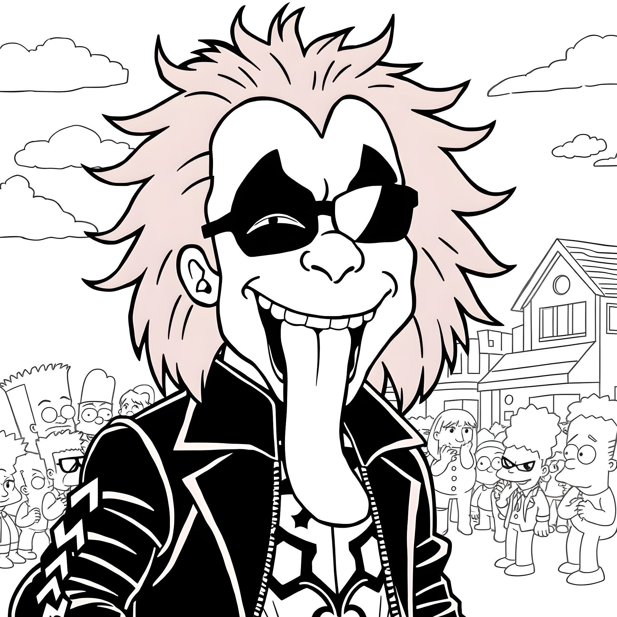 Gene Simmons' Iconic Rock Star Persona Coloring Page (free black-and-white line drawing printable PDF for all, from beginners to advanced learners, including children, teens, adults, and seniors)