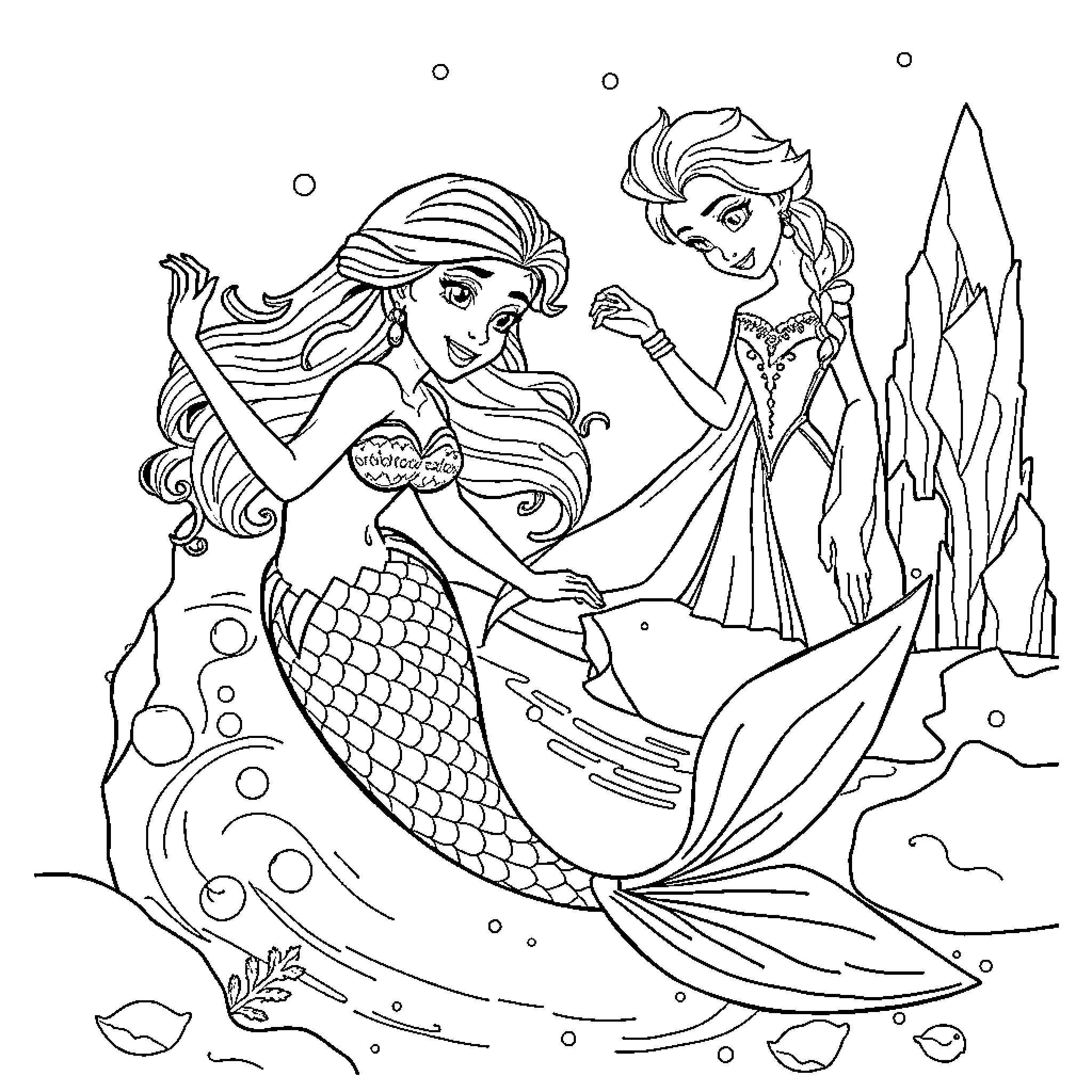 Mermaid sisters celebrating in underwater kingdom Coloring Page (free black-and-white line drawing printable PDF for all, from beginners to advanced learners, including children, teens, adults, and seniors)