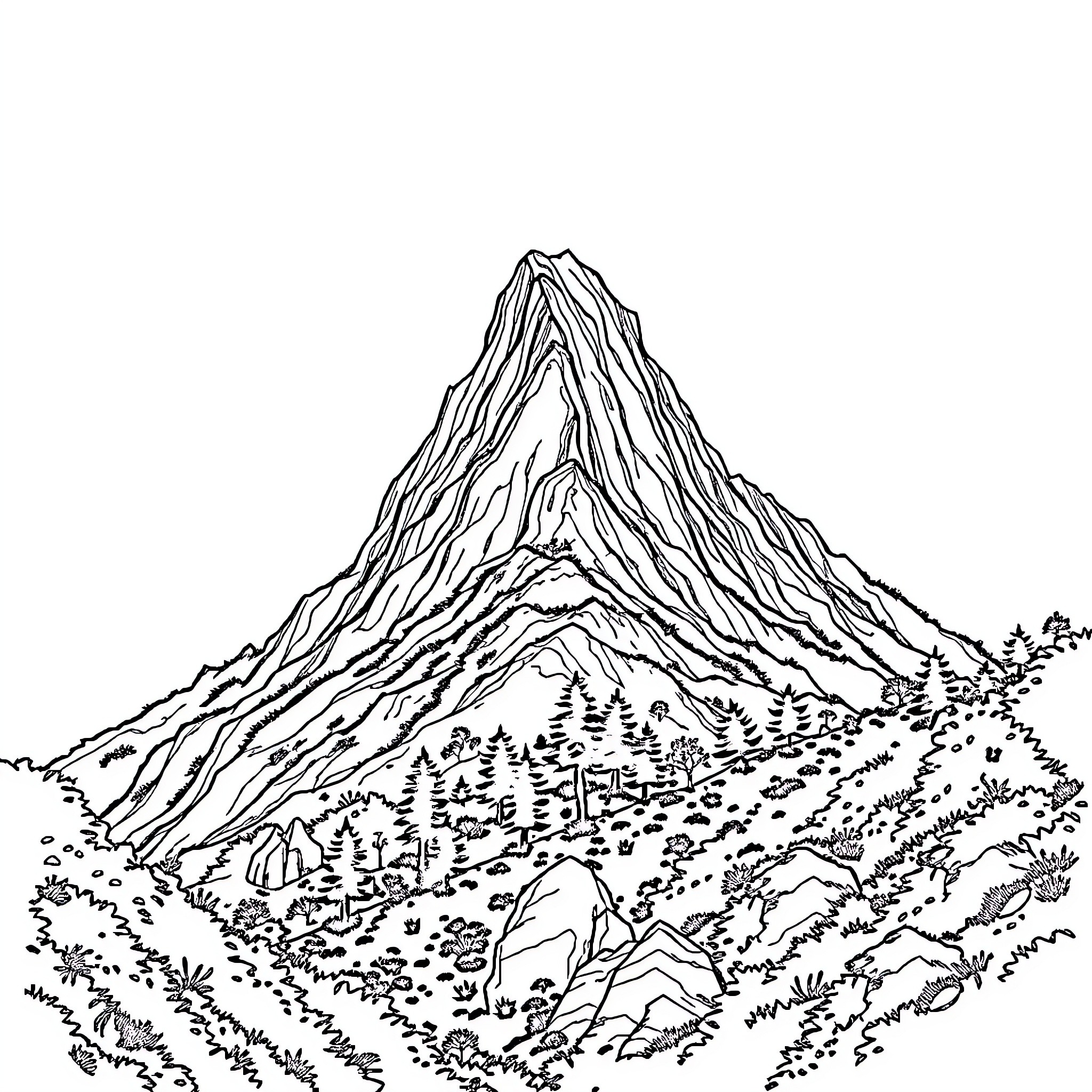 Mountain landscape with rocky peaks and forested terrain Coloring Page (free black-and-white line drawing printable PDF for all, from beginners to advanced learners, including children, teens, adults, and seniors)