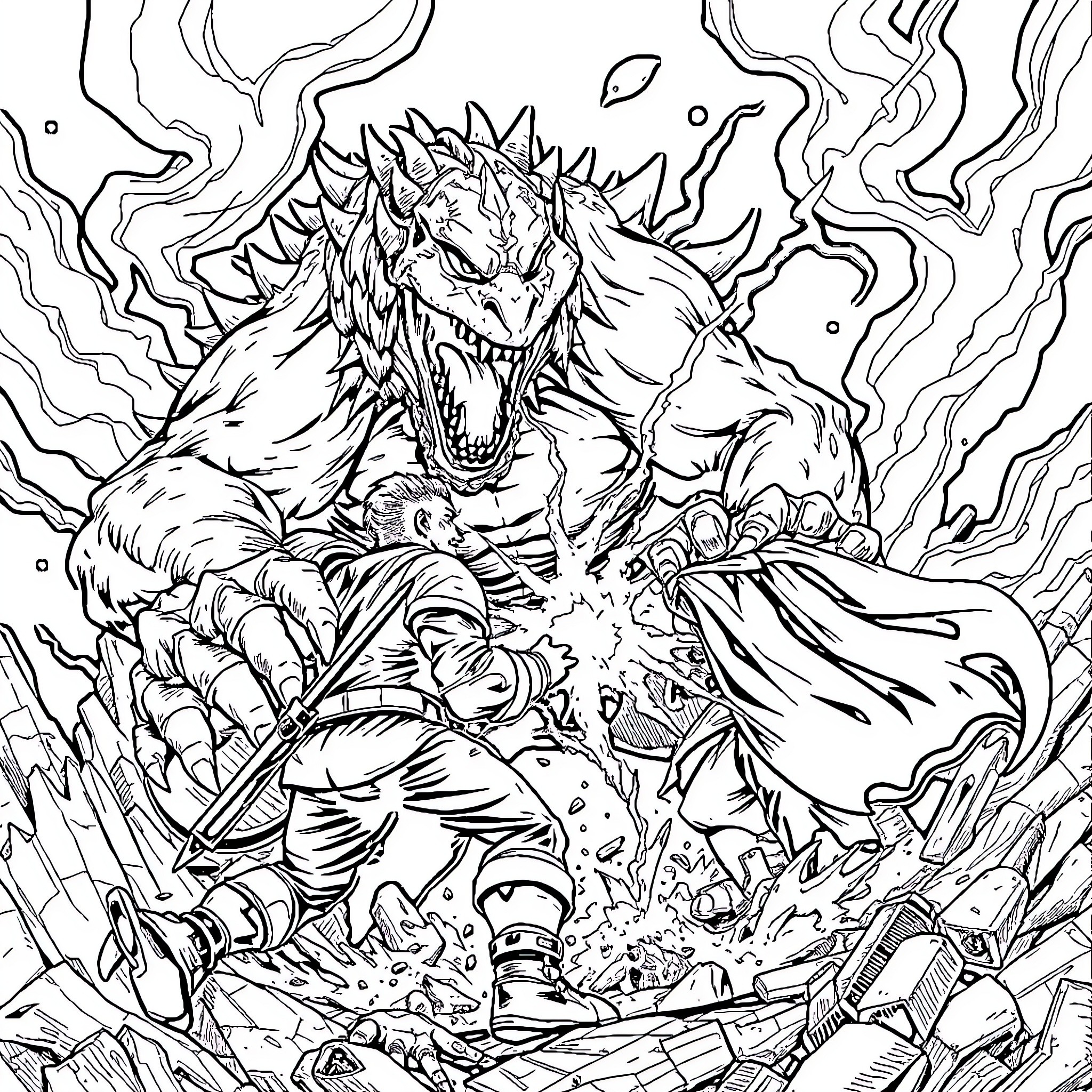 Monster Decimating Heroic Warrior in Chaotic Battlefield Coloring Page (free black-and-white line drawing printable PDF for all, from beginners to advanced learners, including children, teens, adults, and seniors)