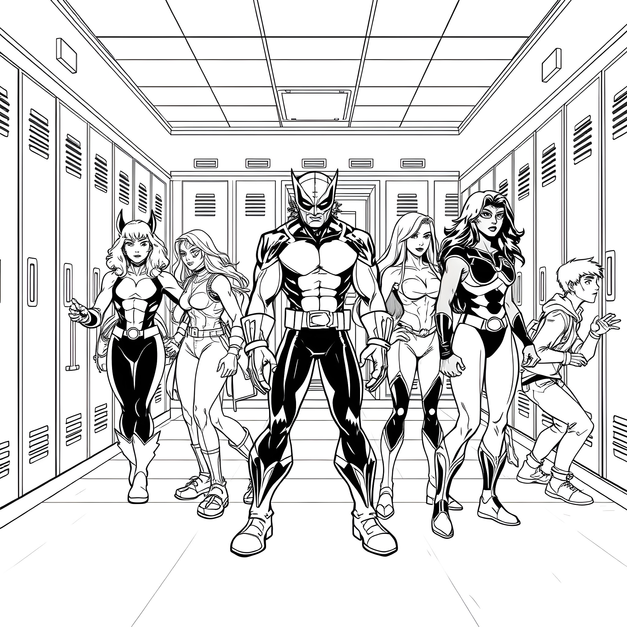 X-Men: Superhero Team in Action Poses Coloring Page (free black-and-white line drawing printable PDF for all, from beginners to advanced learners, including children, teens, adults, and seniors)