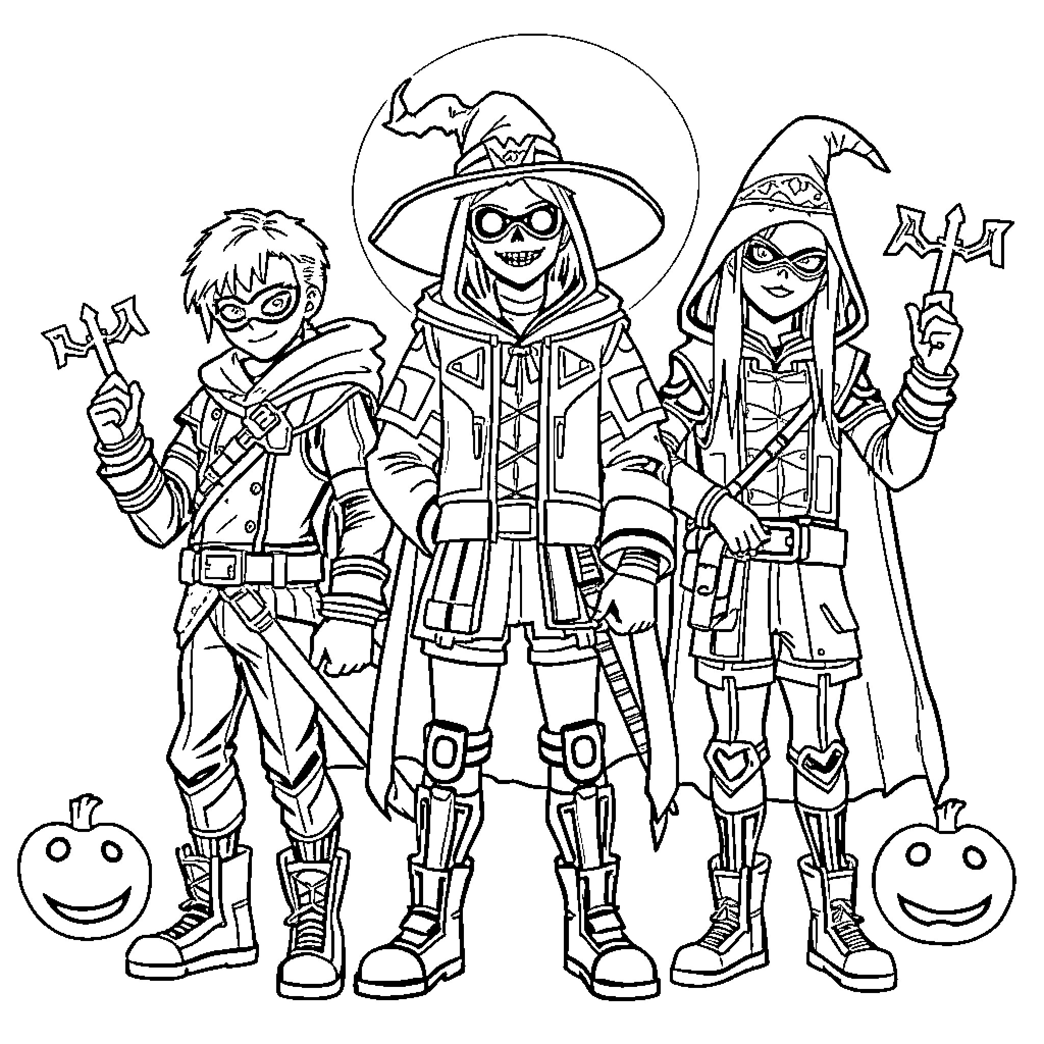 Guerrera Adventurers in Whimsical Attire Coloring Page (free black-and-white line drawing printable PDF for all, from beginners to advanced learners, including children, teens, adults, and seniors)