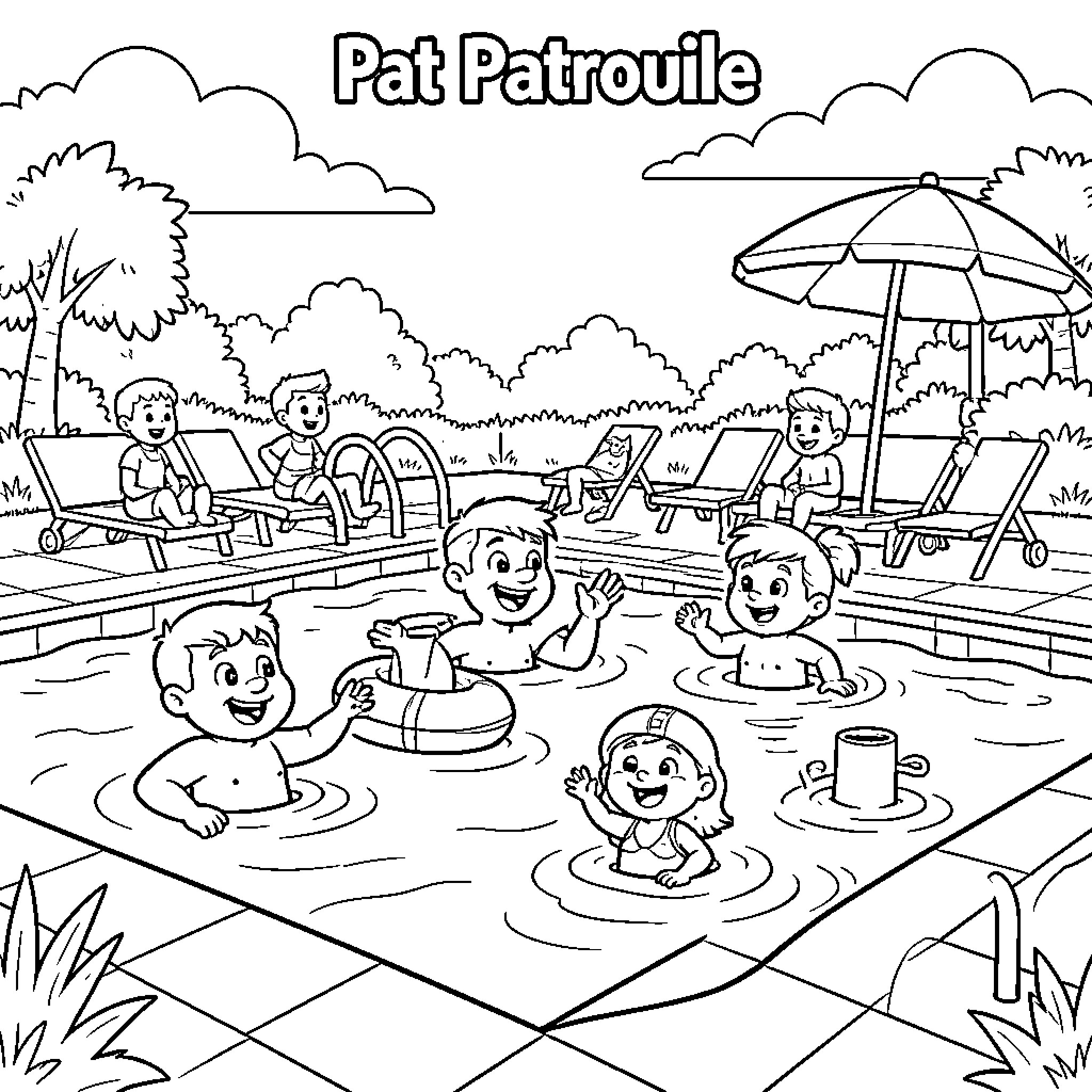 Paw Patrol characters playing happily in a swimming pool Coloring Page (free black-and-white line drawing printable PDF for all, from beginners to advanced learners, including children, teens, adults, and seniors)