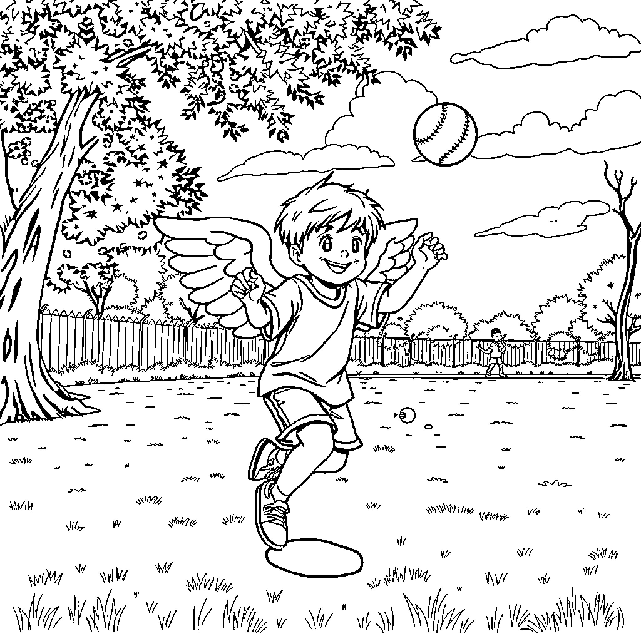 Angel Playing Joyfully with Ball in Park Coloring Page (free black-and-white line drawing printable PDF for all, from beginners to advanced learners, including children, teens, adults, and seniors)