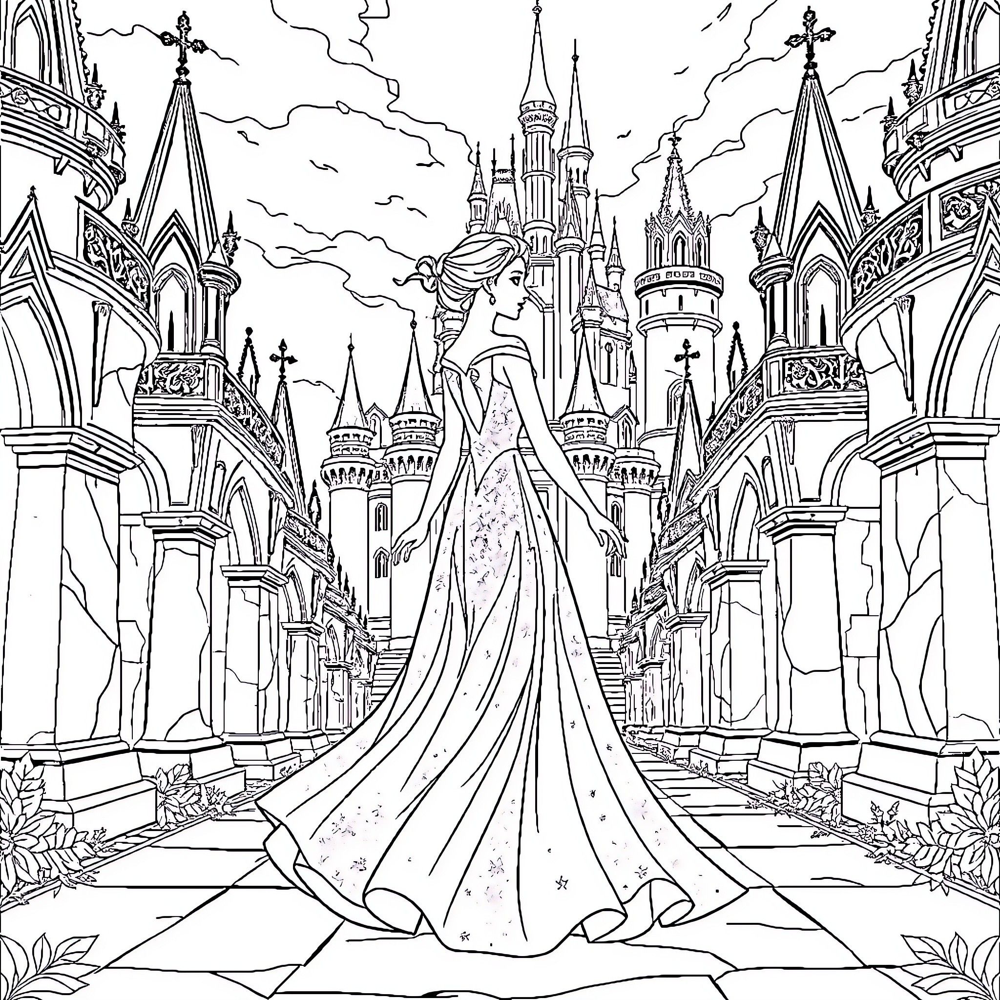 Elsa's Regal Stroll Through the Enchanted Castle Coloring Page (free black-and-white line drawing printable PDF for all, from beginners to advanced learners, including children, teens, adults, and seniors)