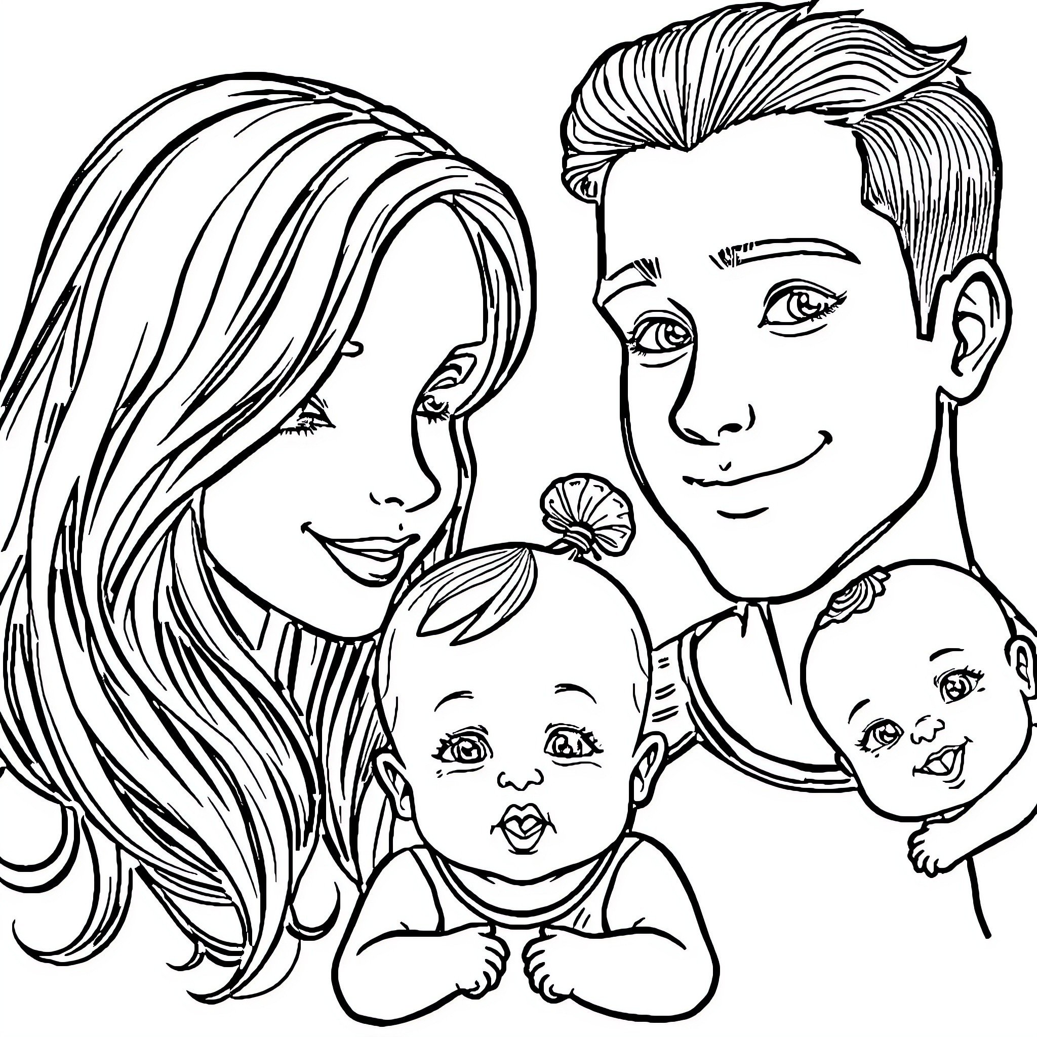 Person with family in portrait Coloring Page (free black-and-white line drawing printable PDF for all, from beginners to advanced learners, including children, teens, adults, and seniors)