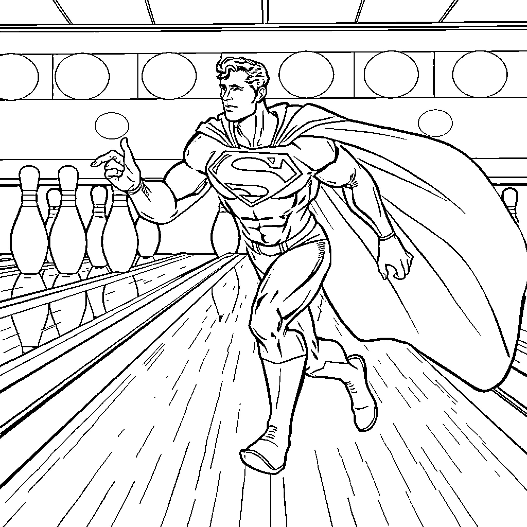 Superman Bowling Heroic Strike Coloring Page (free black-and-white line drawing printable PDF for all, from beginners to advanced learners, including children, teens, adults, and seniors)