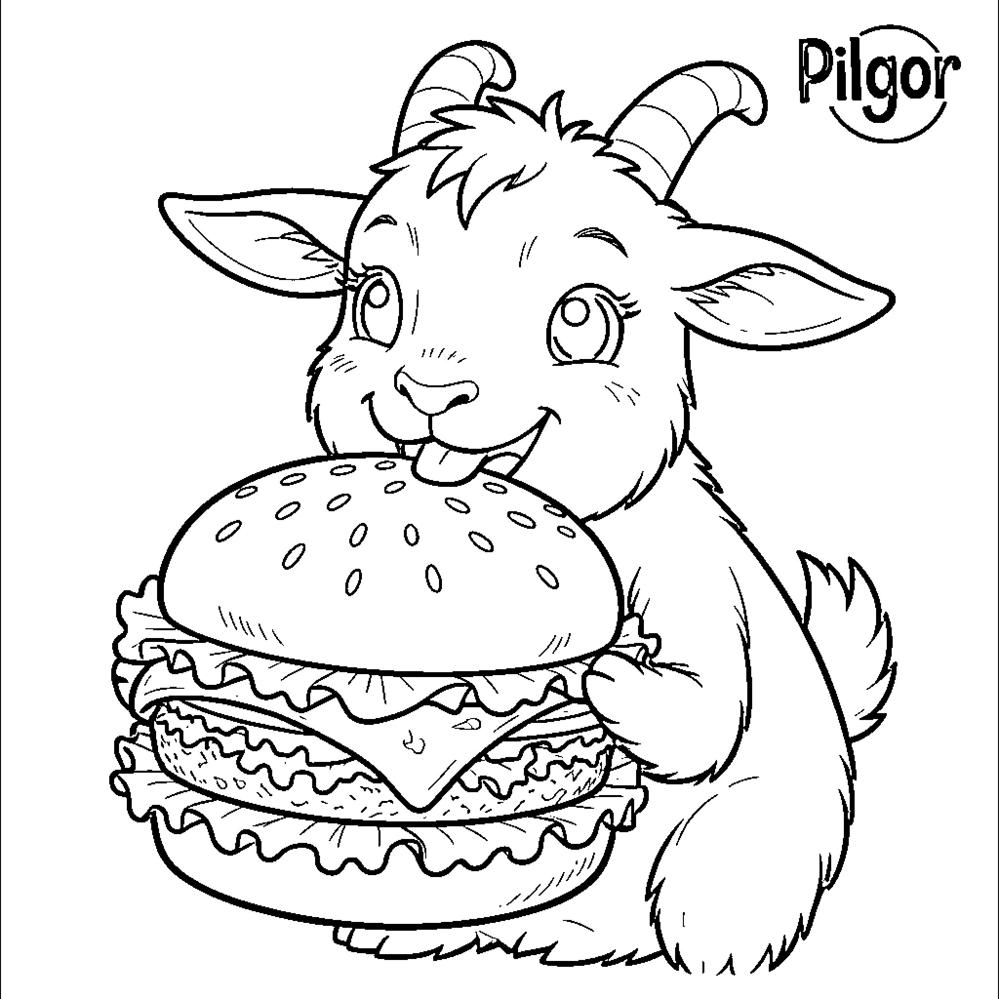 Pilgor the goat enjoys a delicious hamburger Coloring Page (free black-and-white line drawing printable PDF for all, from beginners to advanced learners, including children, teens, adults, and seniors)