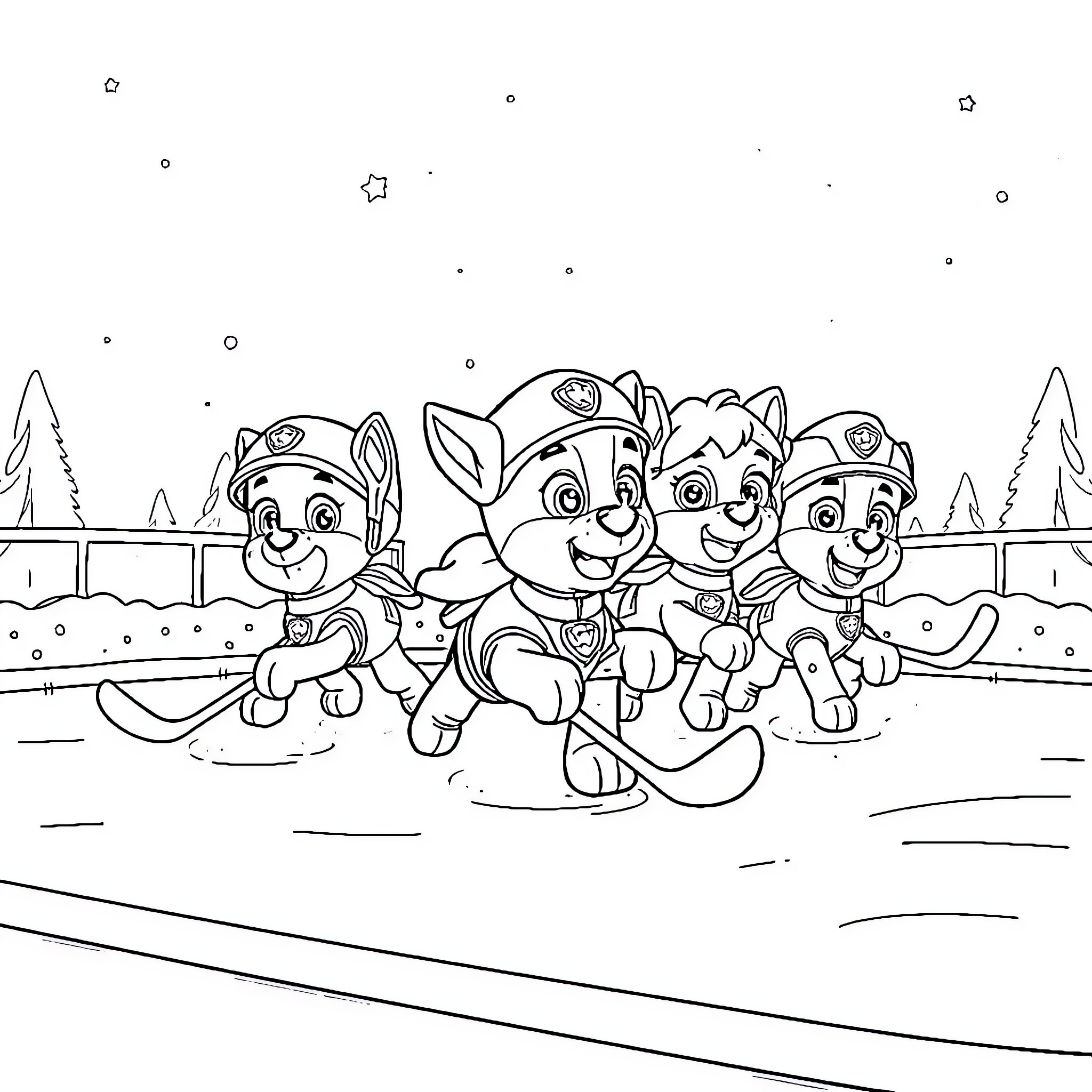 Paw Patrol pups having fun on snowy adventure Coloring Page (free black-and-white line drawing printable PDF for all, from beginners to advanced learners, including children, teens, adults, and seniors)