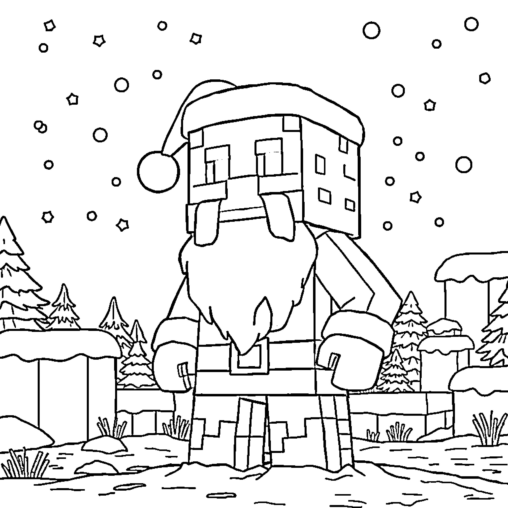 Minecraft Creeper exploring a snowy landscape Coloring Page (free black-and-white line drawing printable PDF for all, from beginners to advanced learners, including children, teens, adults, and seniors)