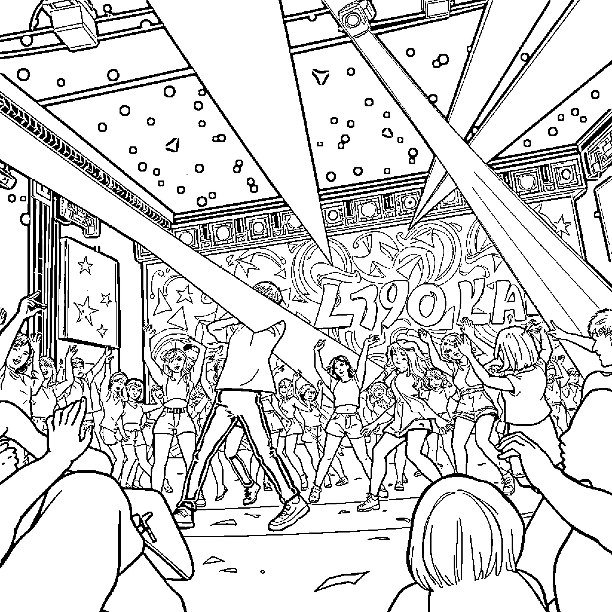 K Pop Stars Performing on Stage with Crowd Coloring Page (free black-and-white line drawing printable PDF for all, from beginners to advanced learners, including children, teens, adults, and seniors)