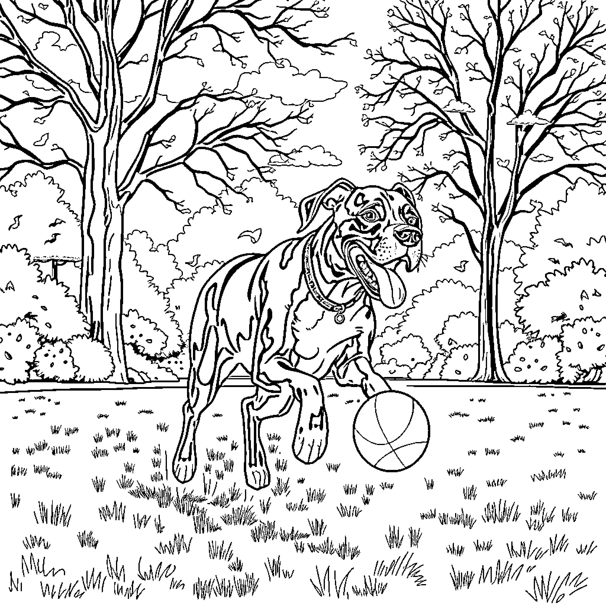Great Dane playing with ball in forest Coloring Page (free black-and-white line drawing printable PDF for all, from beginners to advanced learners, including children, teens, adults, and seniors)