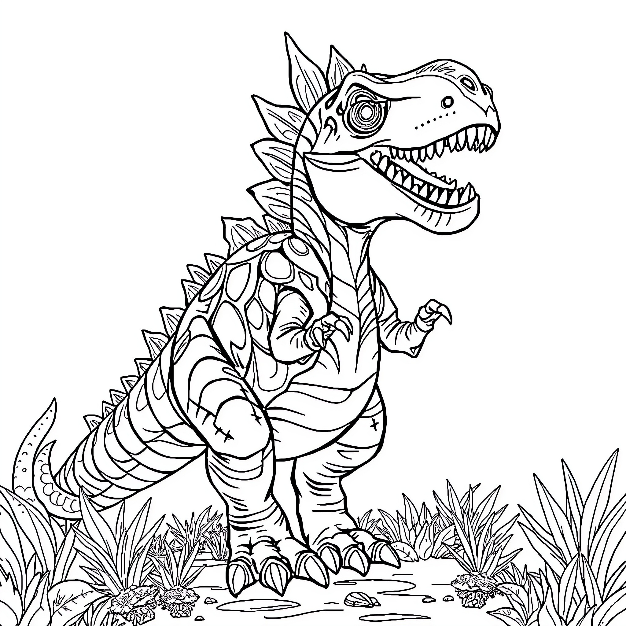 Dinosaur roaring fiercely in jungle setting Coloring Page (free black-and-white line drawing printable PDF for all, from beginners to advanced learners, including children, teens, adults, and seniors)