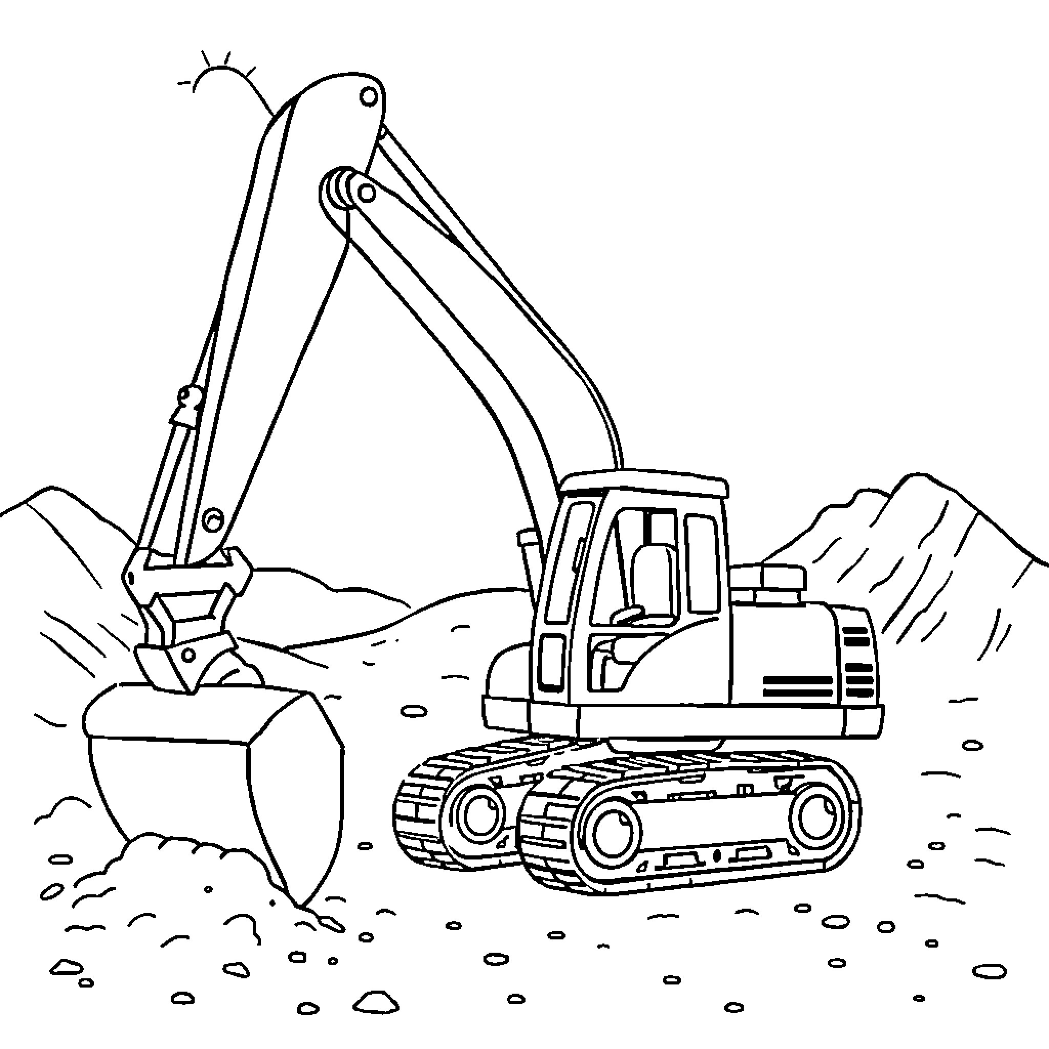 Excavator digging in the rocky terrain Coloring Page (free black-and-white line drawing printable PDF for all, from beginners to advanced learners, including children, teens, adults, and seniors)