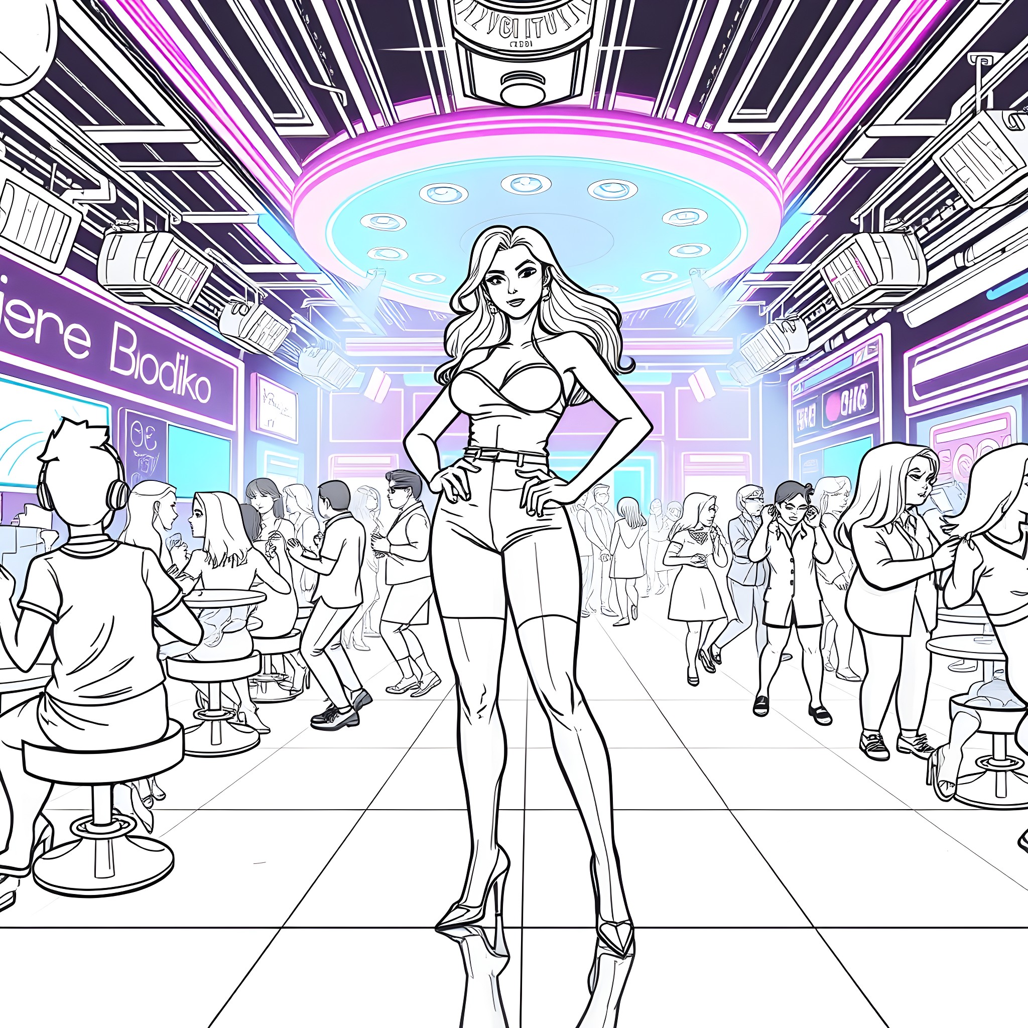 Lois in the fashionable boutique Coloring Page (free black-and-white line drawing printable PDF for all, from beginners to advanced learners, including children, teens, adults, and seniors)