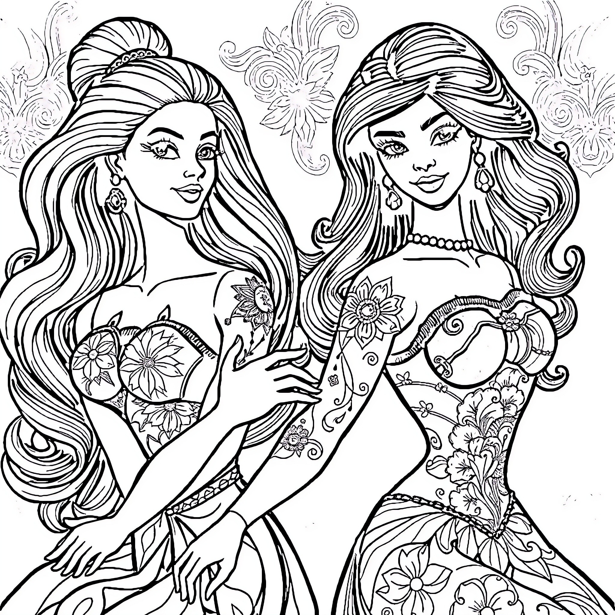 Barbie dolls in elegant floral outfits Coloring Page (free black-and-white line drawing printable PDF for all, from beginners to advanced learners, including children, teens, adults, and seniors)