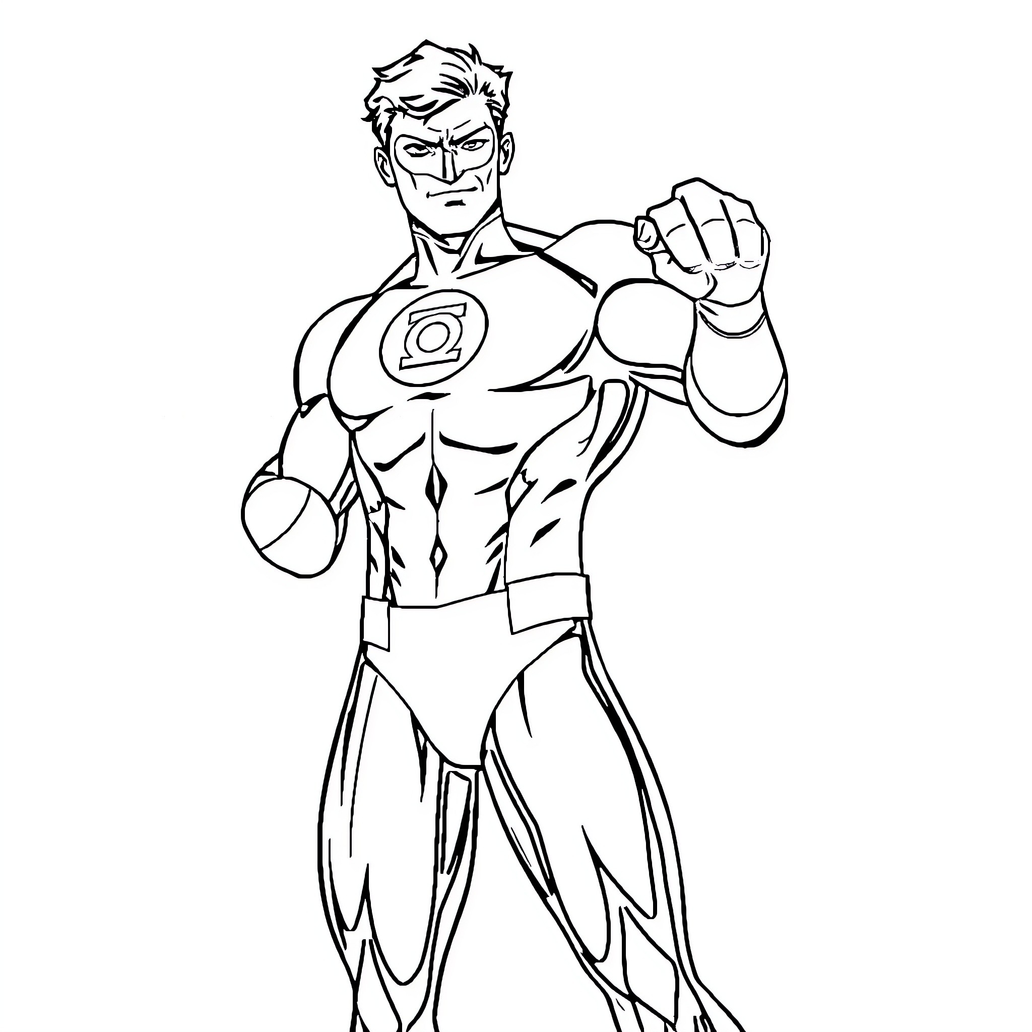 Green Lantern heroically posing in action Coloring Page (free black-and-white line drawing printable PDF for all, from beginners to advanced learners, including children, teens, adults, and seniors)