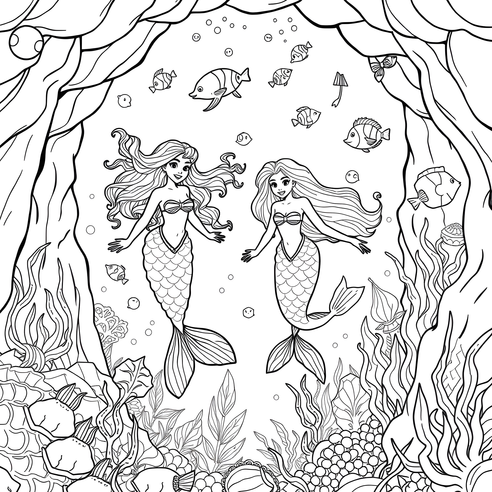 Mermaid Explorers in the Underwater Wonderland Coloring Page (free black-and-white line drawing printable PDF for all, from beginners to advanced learners, including children, teens, adults, and seniors)