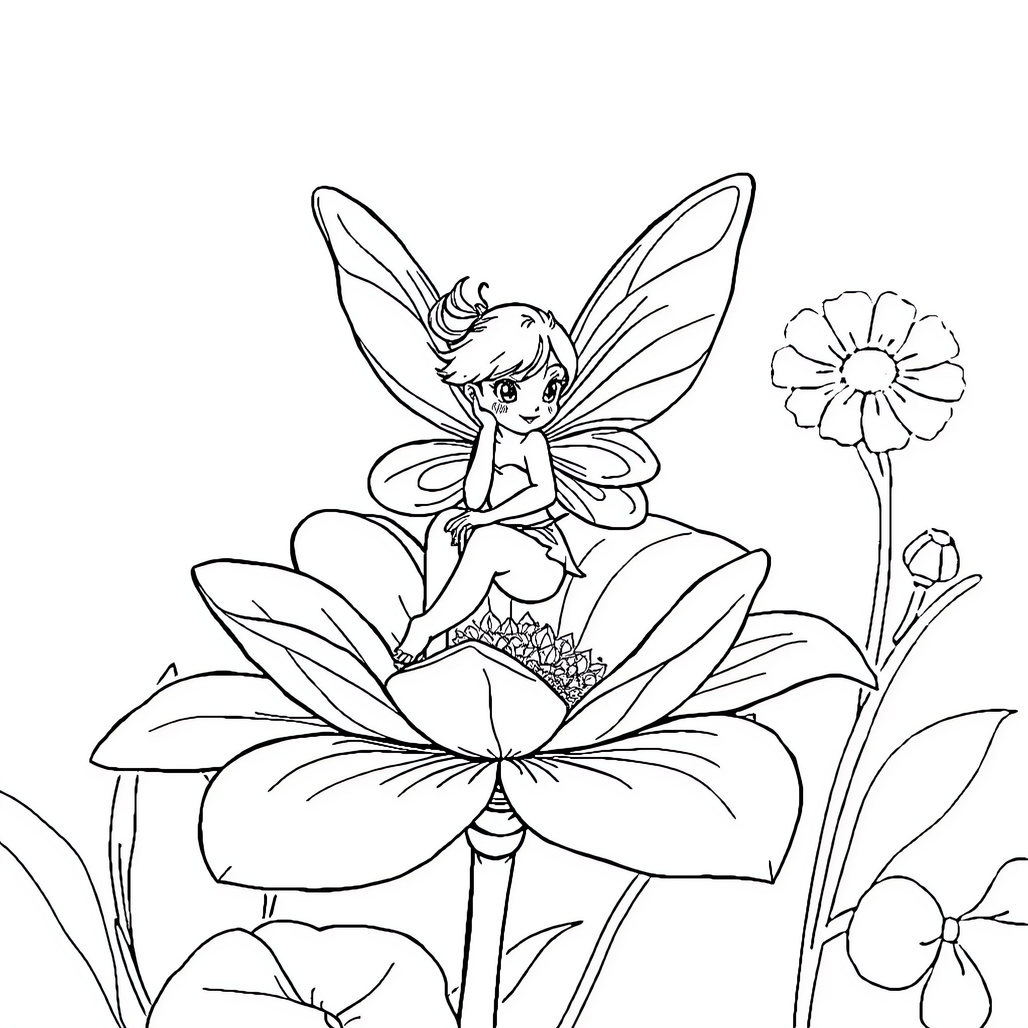 Fairy sitting gracefully on a flower Coloring Page (free black-and-white line drawing printable PDF for all, from beginners to advanced learners, including children, teens, adults, and seniors)