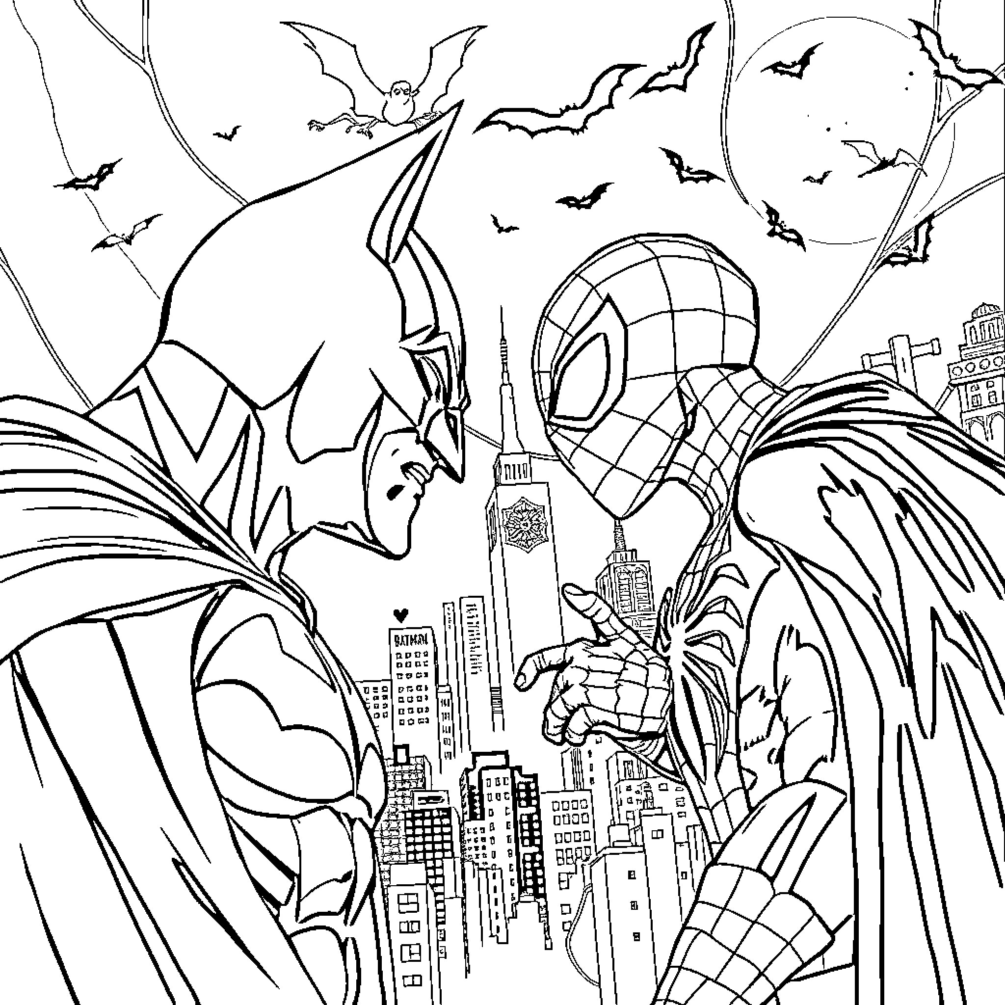Batman and Spiderman Face Off in Mysterious Cityscape Coloring Page (free black-and-white line drawing printable PDF for all, from beginners to advanced learners, including children, teens, adults, and seniors)
