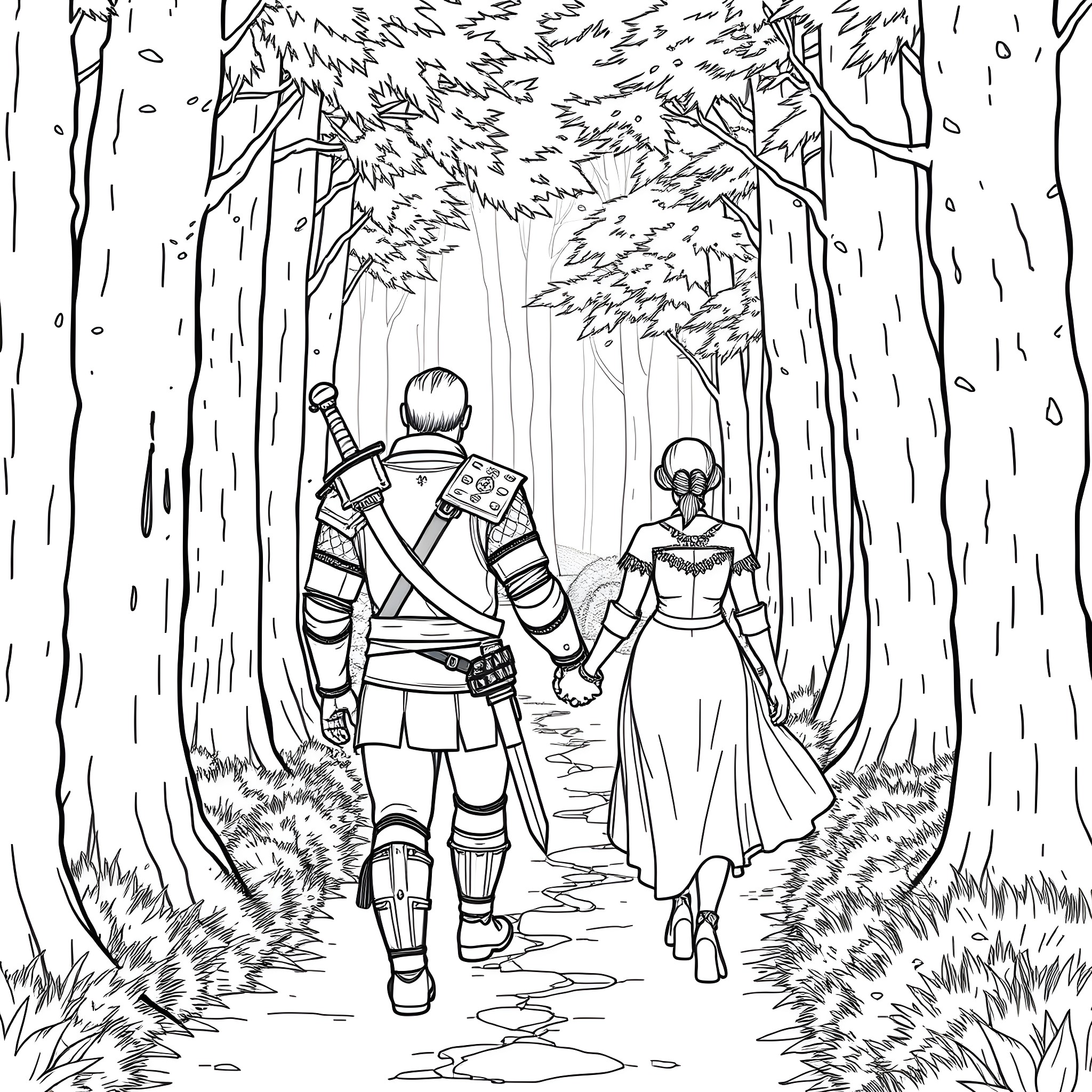 Geralt and Yennefer's Mystical Forest Adventure Coloring Page (free black-and-white line drawing printable PDF for all, from beginners to advanced learners, including children, teens, adults, and seniors)