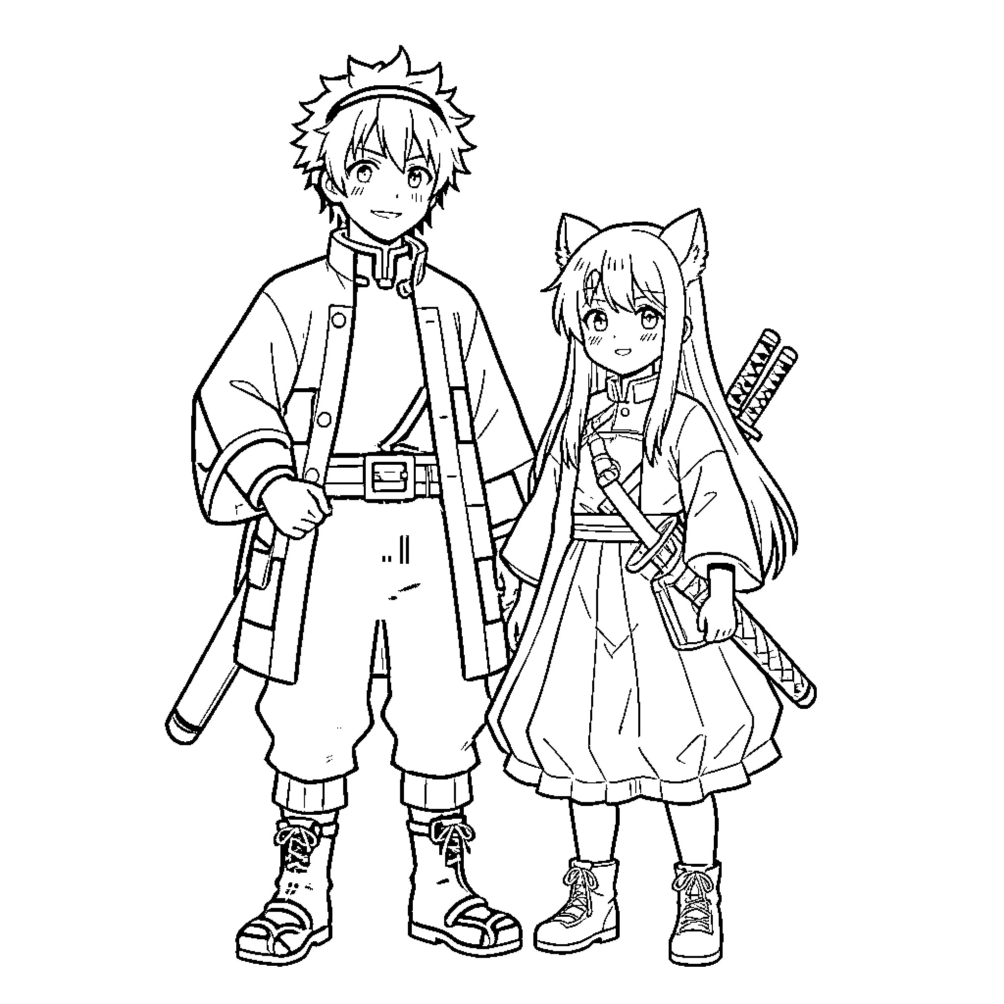 Tanjiro and Nezuko in anime-style attire Coloring Page (free black-and-white line drawing printable PDF for all, from beginners to advanced learners, including children, teens, adults, and seniors)