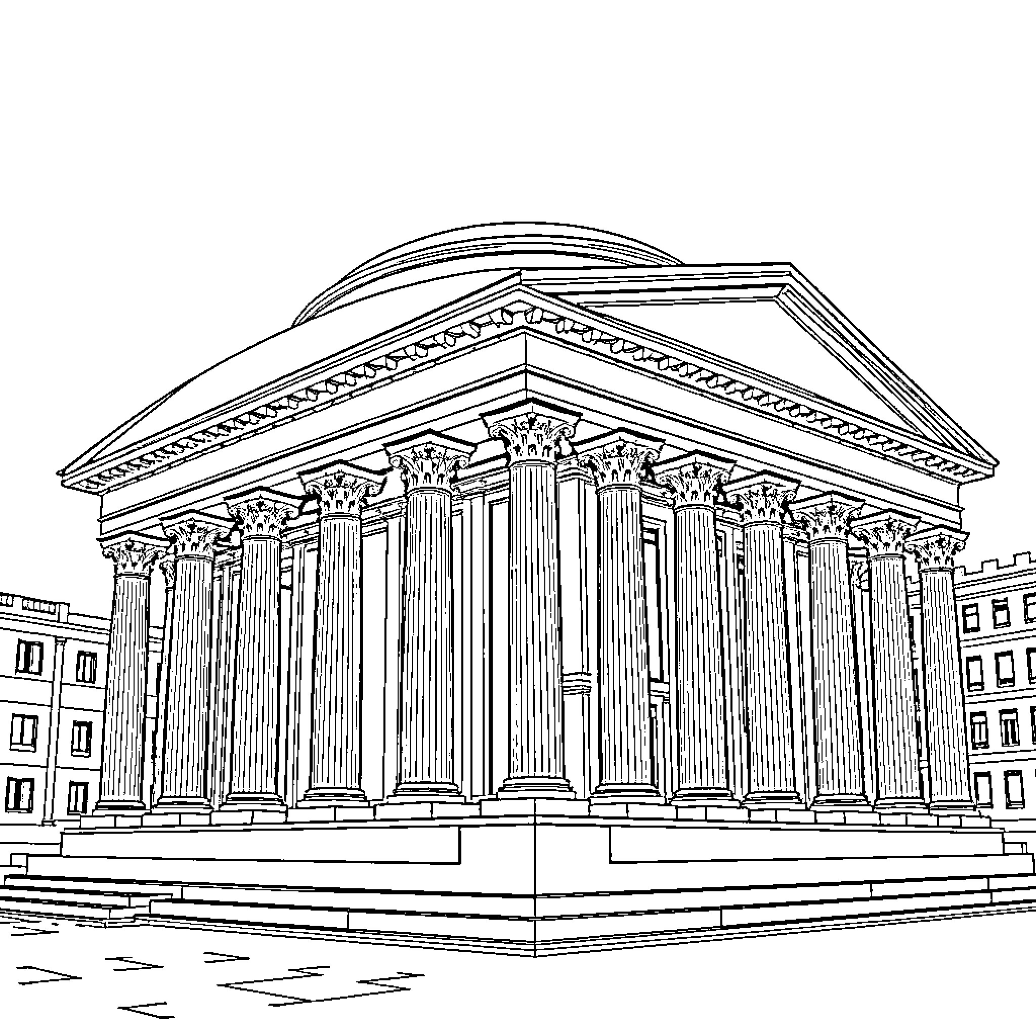Pantheon of ancient architectural grandeur Coloring Page (free black-and-white line drawing printable PDF for all, from beginners to advanced learners, including children, teens, adults, and seniors)