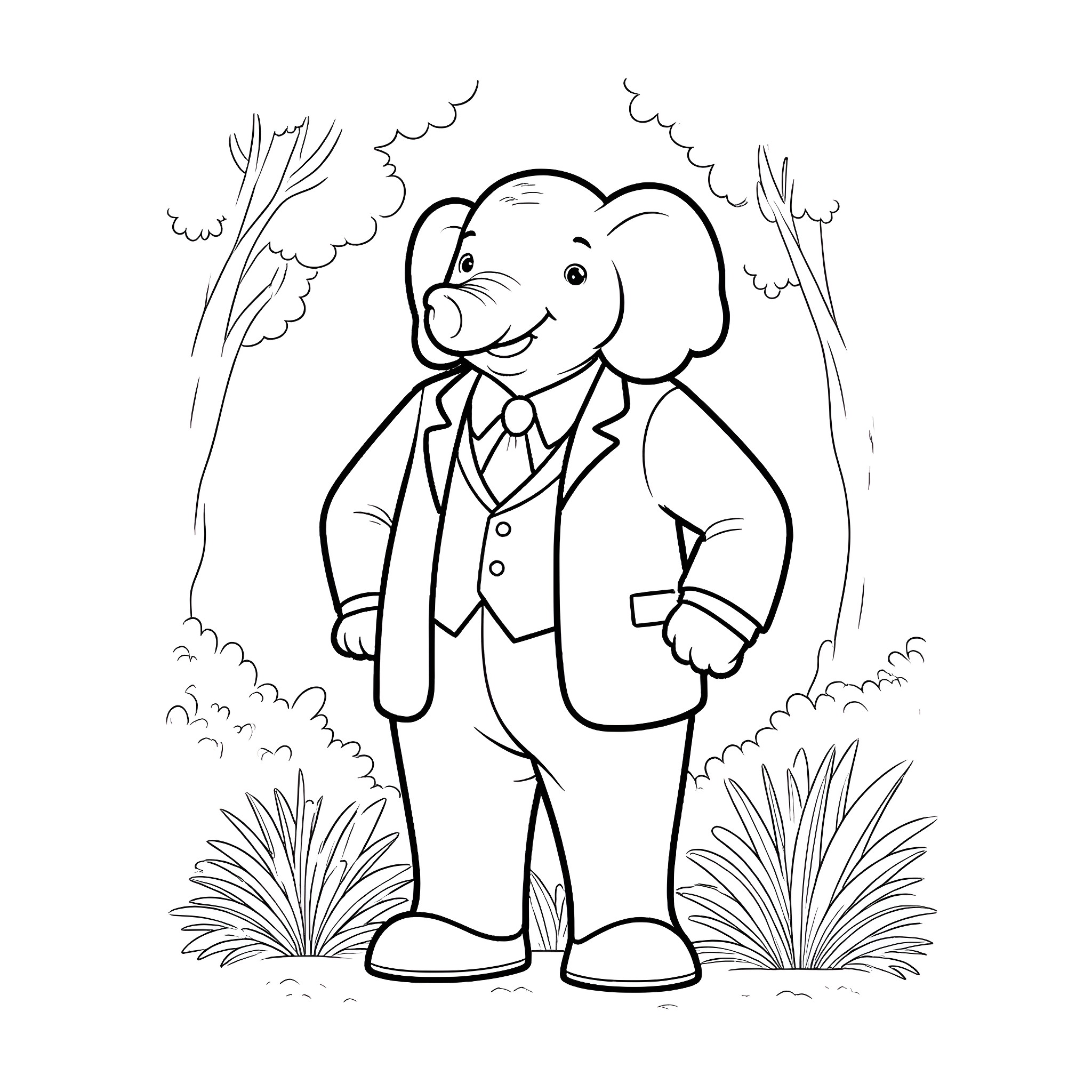 Babar the elephant dressed in formal attire in nature Coloring Page (free black-and-white line drawing printable PDF for all, from beginners to advanced learners, including children, teens, adults, and seniors)