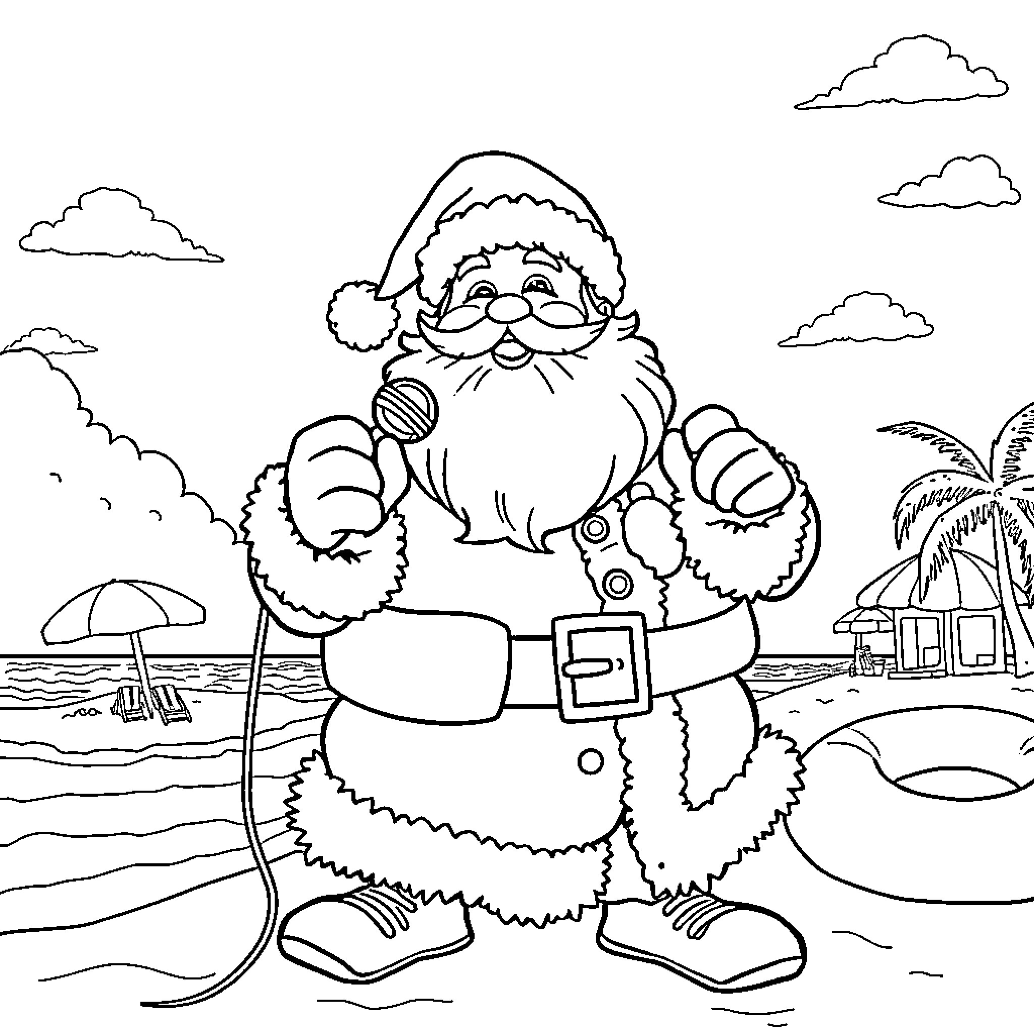 Santa enjoying the beach on a tropical vacation Coloring Page (free black-and-white line drawing printable PDF for all, from beginners to advanced learners, including children, teens, adults, and seniors)